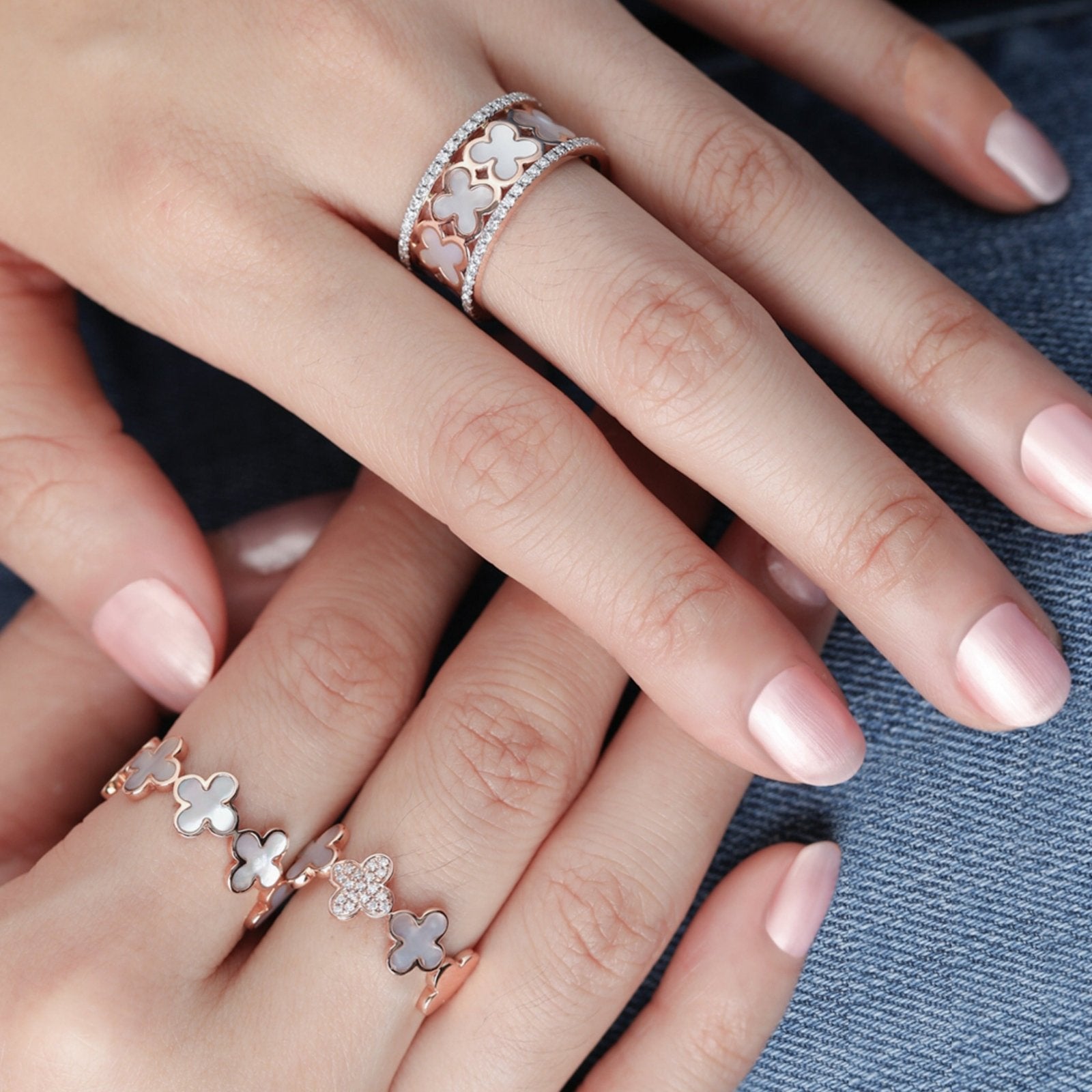 14K Rose Gold Mother of Pearl Clover Diamond Eternity Ring for Women - Elegant Wedding Band, Anniversary Gift & Everyday Jewelry