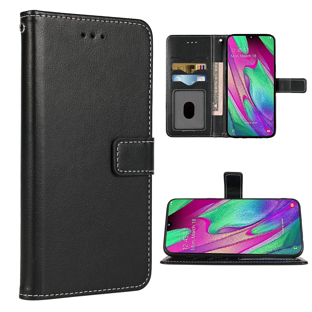 Samsung Galaxy A40 Wallet Case with Wrist Strap & Card Holder - Leather Flip Cover Stand Case for Women & Men (Black) | Perfect for Travel, Work & Everyday Use