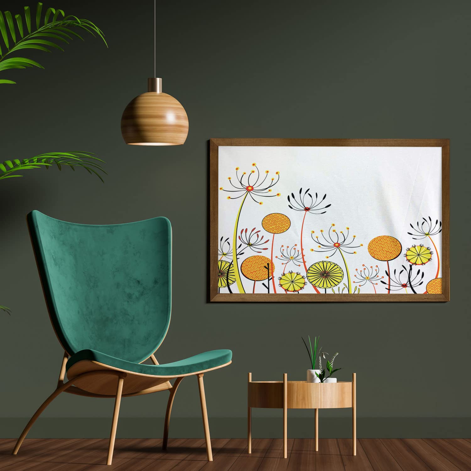Ambesonne Floral Framed Wall Art - Summer Spring Flower Garden Illustration with Teak Wood Frame, 35