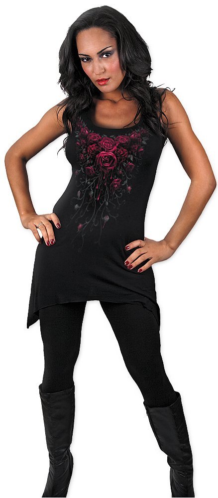 Gothic Black Spiral Blood Rose Camisole Dress for Women - Elegant Lace Trim Nightclub Outfit & Vintage Style Evening Wear