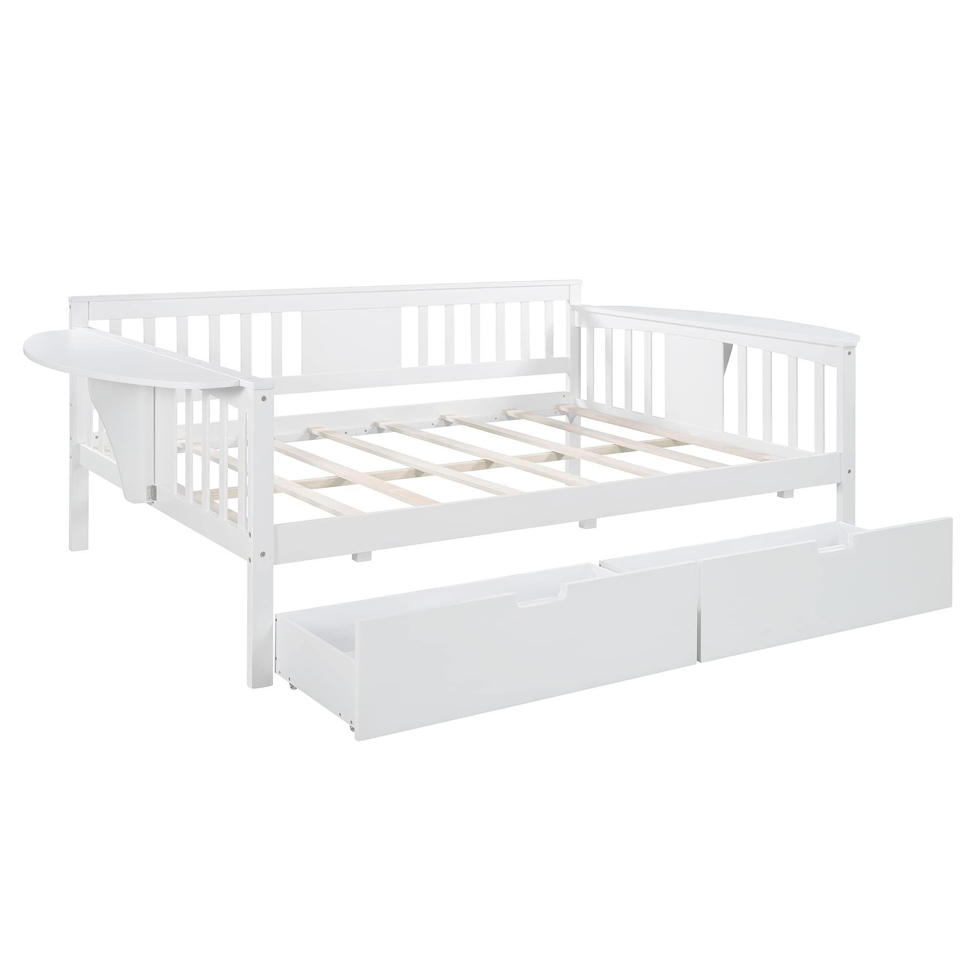 Harper & Bright Designs Full Size Daybed with Storage Drawers & Foldable Table - Wooden Sofa Bed Frame for Small Spaces, Guest Room, Living Room or Dorm (White, 2 Drawers) - Perfect for Sleepovers, Home Office & Space-Saving Solutions