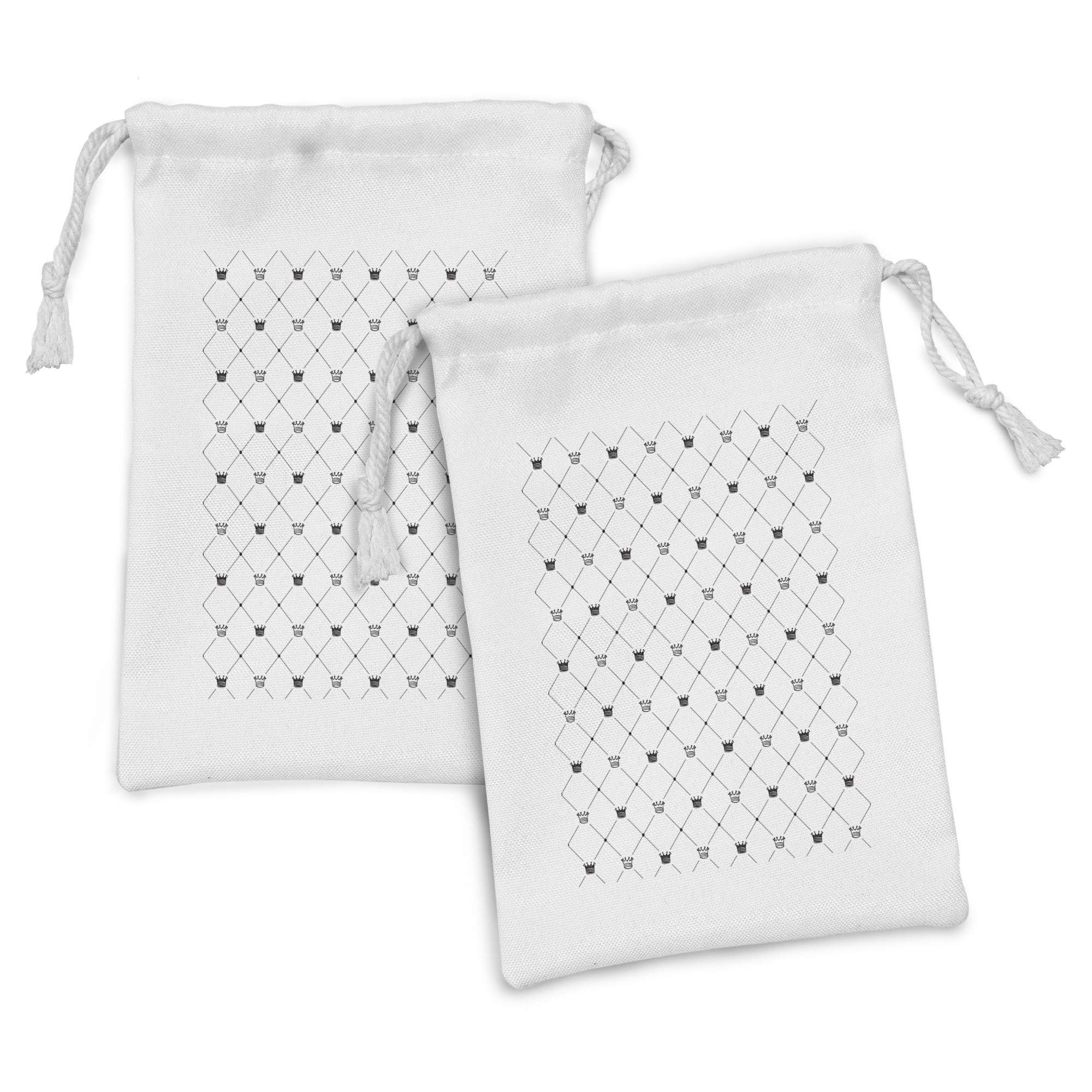 Ambesonne 2-Pack Abstract Fabric Drawstring Pouches - Kings Crown Empire Royal Design, Small Black & White Bags for Toiletries, Makeup, Jewelry Storage (9