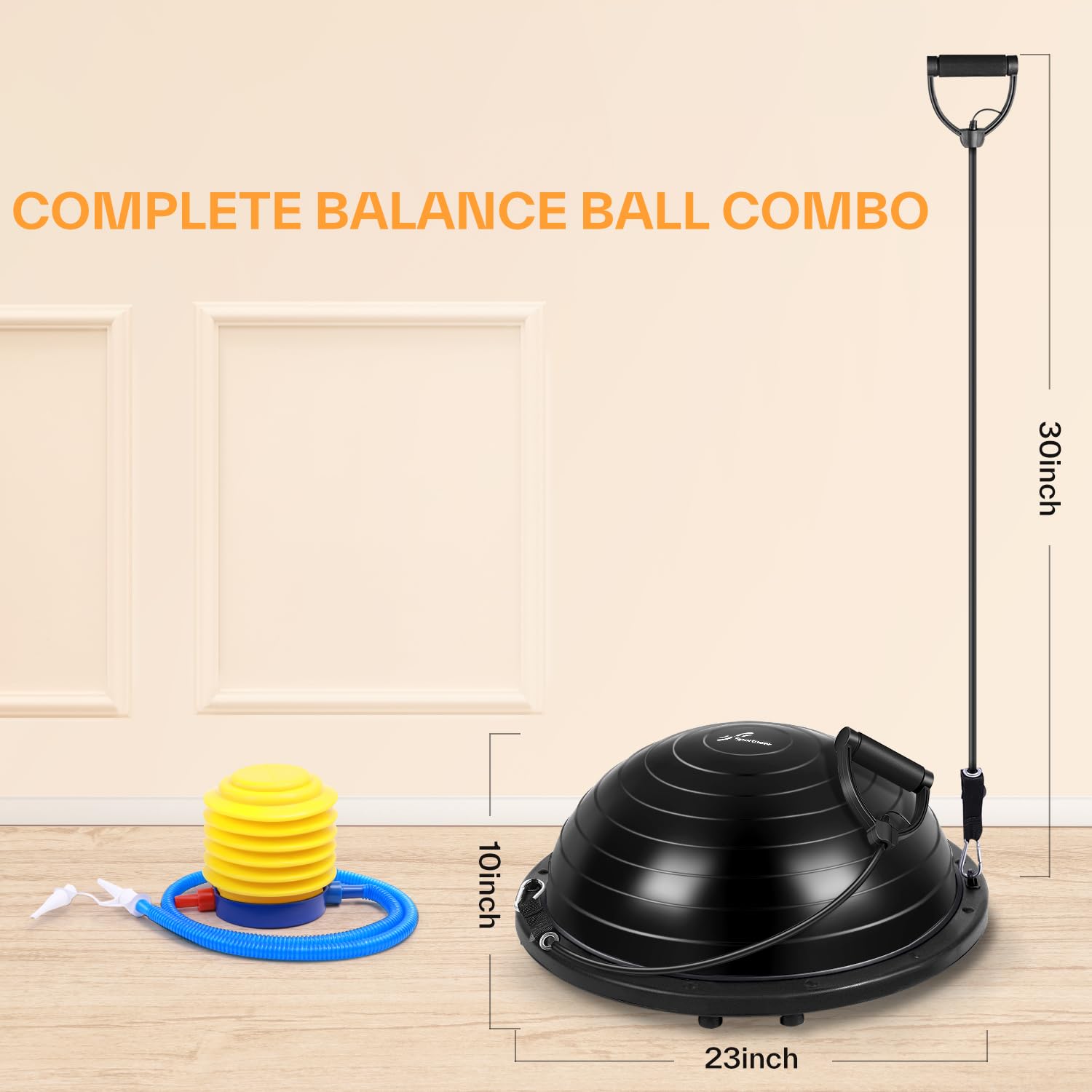 Sportneer 23-Inch Half Yoga Ball with Resistance Bands & Pump - Non-Slip Inflatable Balance Trainer for Core Strength, Home Gym Workouts (350lb Capacity) - Perfect for Pilates, Yoga, Stability Exercises & Full-Body Fitness Training
