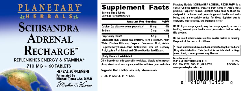 Planetary Herbals Schisandra Adrenal Complex 710mg with Yam Rhizome & Poria Sclerotium - 60 Tablets for Stress Relief & Adrenal Support