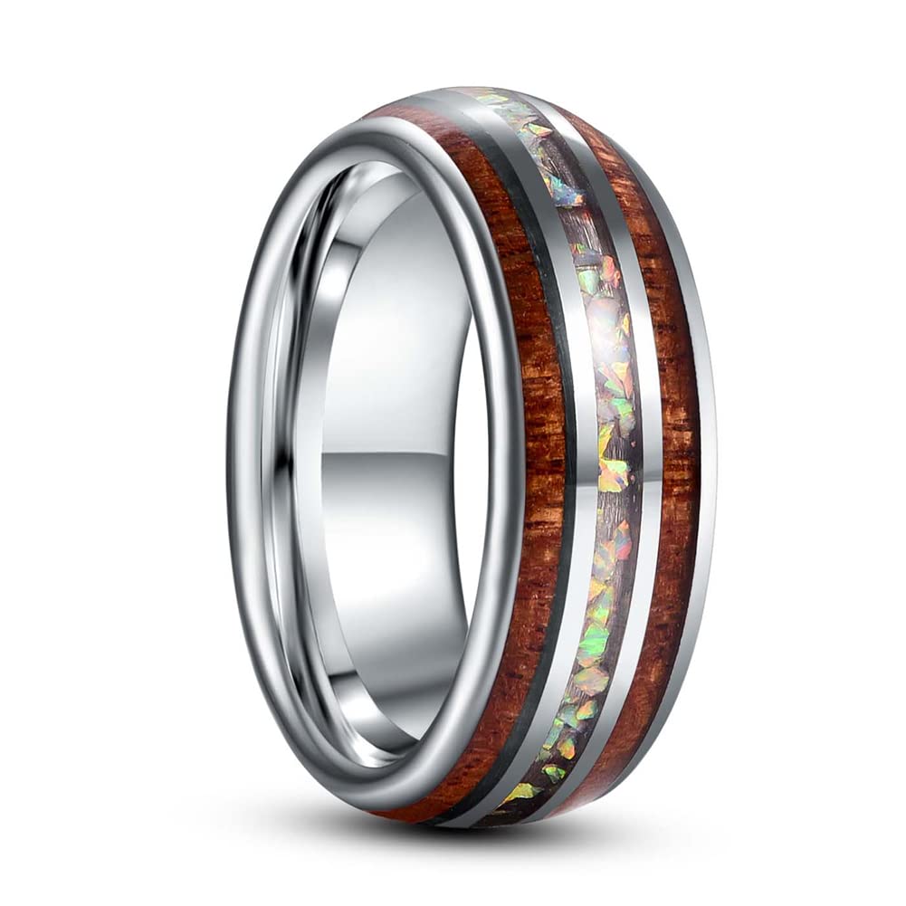 Premium Tungsten Carbide Wedding Band for Men & Women - 8mm Comfort Fit Ring with Hawaiian Koa Wood & Abalone Shell Inlay - Size 7-12 - Durable Silver Tungsten Ring for Engagement, Anniversary & Everyday Wear