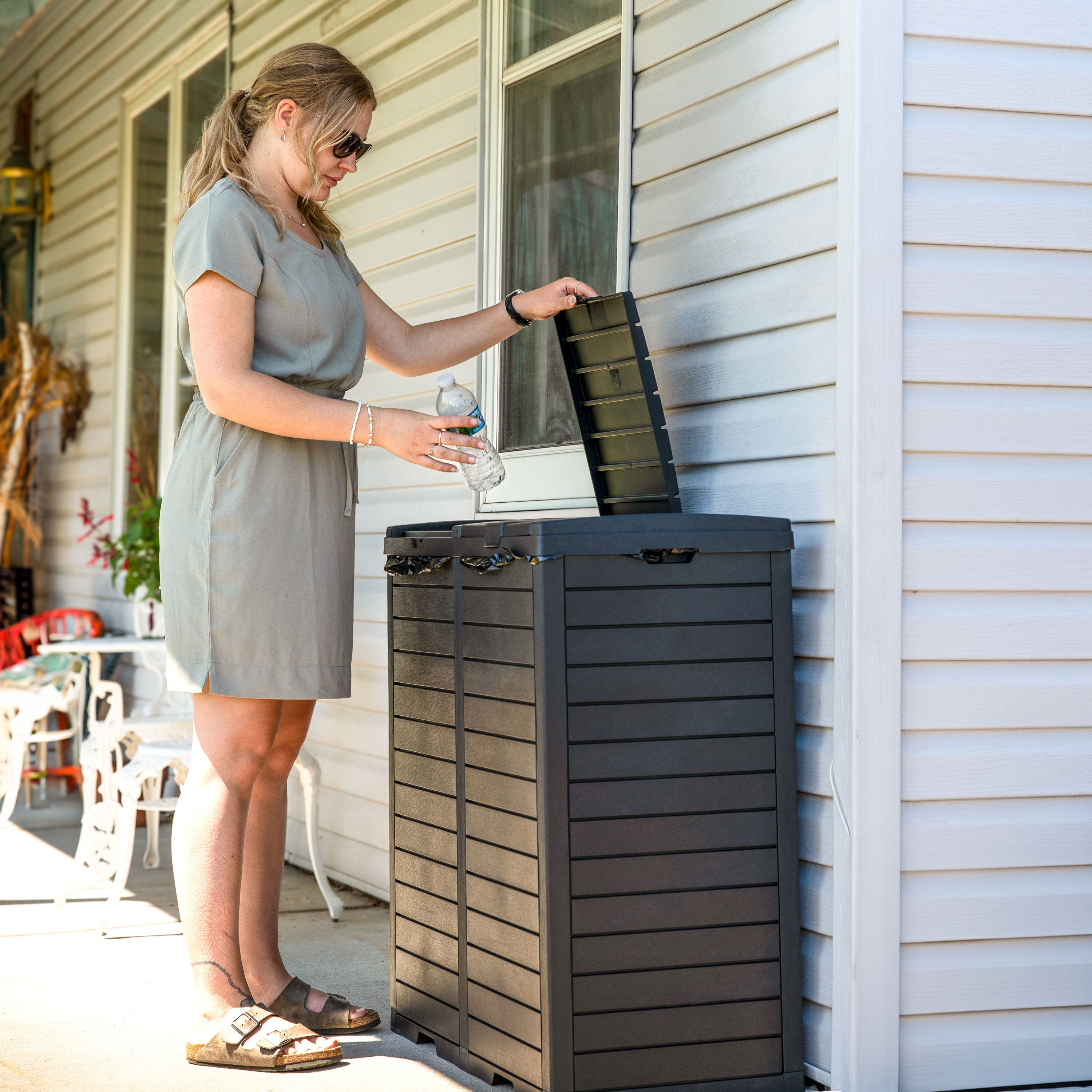 Sunnydaze Outdoor Patio Trash Can with Lid - Durable Waterproof Garbage Bin for Backyard, Deck, Poolside & Garden Waste Disposal