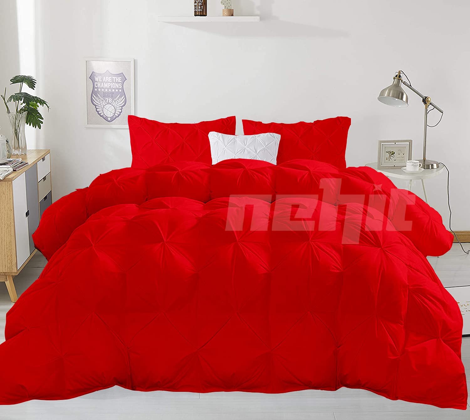 Premium 1000 Thread Count All-Season Oversized Comforter Set - 98x120 Inch Blood Red Solid Quilted Pinch Pleated Design (5-Piece, Excludes Cover/Inserts) - Perfect for King Beds, Guest Rooms & Cozy Home Decor