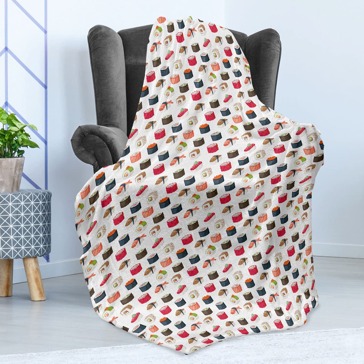 Ambesonne Sushi Throw Blanket - Soft Flannel Fleece Blanket with Japanese Maki & Nigiri Sushi Design, 50