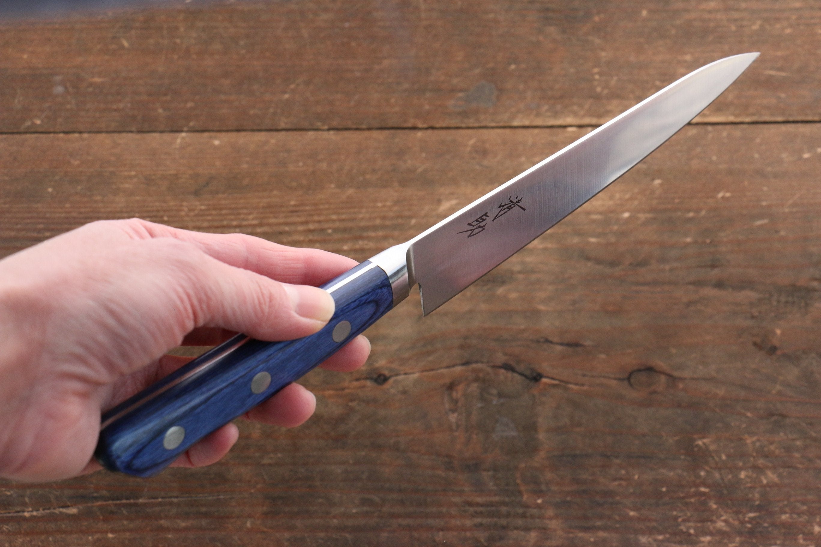 Premium Japanese Seisuke Seiten Molybdenum Petty Utility Knife 120mm - Blue Pakkawood Handle with Protective Sheath - Ideal for Home Cooking, Sushi Preparation & Professional Chef Use
