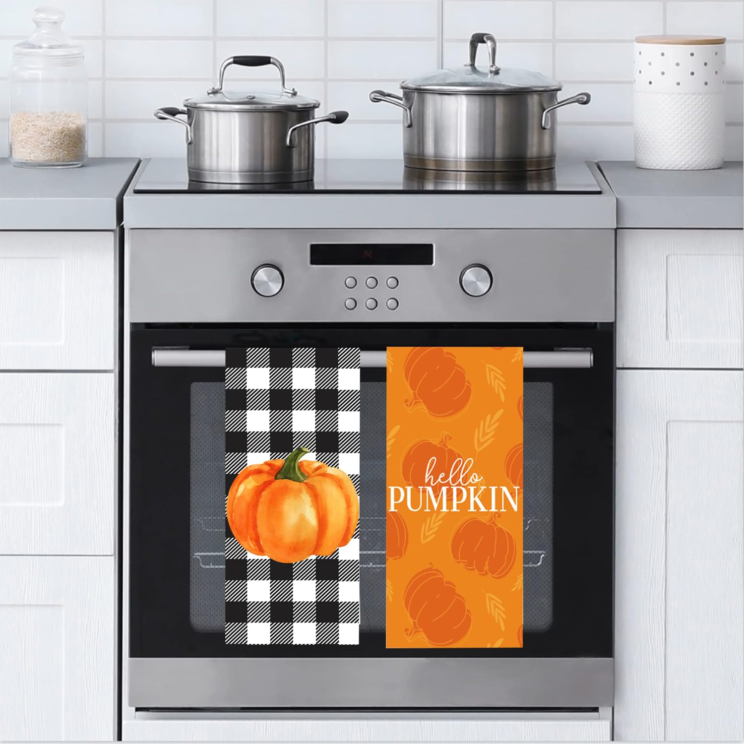 LXOMILL Buffalo Plaid Fall Kitchen Towels Set of 2 - Absorbent Cotton Dish Towels with Pumpkin Pattern for Autumn Decor, Farmhouse Style Kitchen Accessories - Perfect for Thanksgiving, Halloween & Cozy Fall Decorating