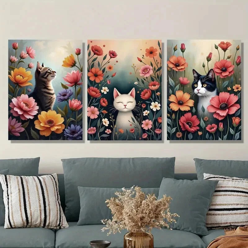 3-Piece Cats in the Garden Floral Metal Wall Art Prints - Colorful Ready-to-Hang Home Decor for Living Room, Bedroom & Office