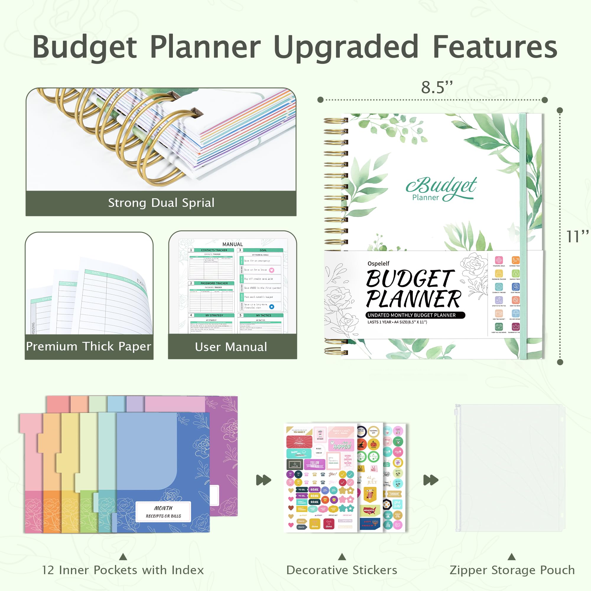 Ospelelf 2025 Budget Planner - Spiral Monthly Bill Organizer with Stickers, 8.5 x 11