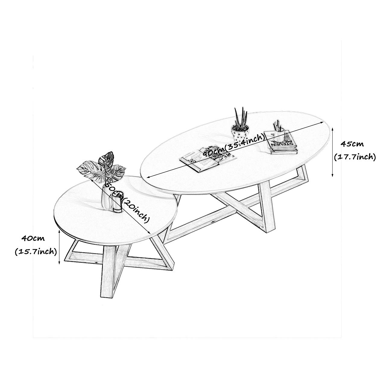 Modern Round Nesting Coffee Tables Set - Beech Wood Legs for Living Room, Sofa Side Tables - Ø20