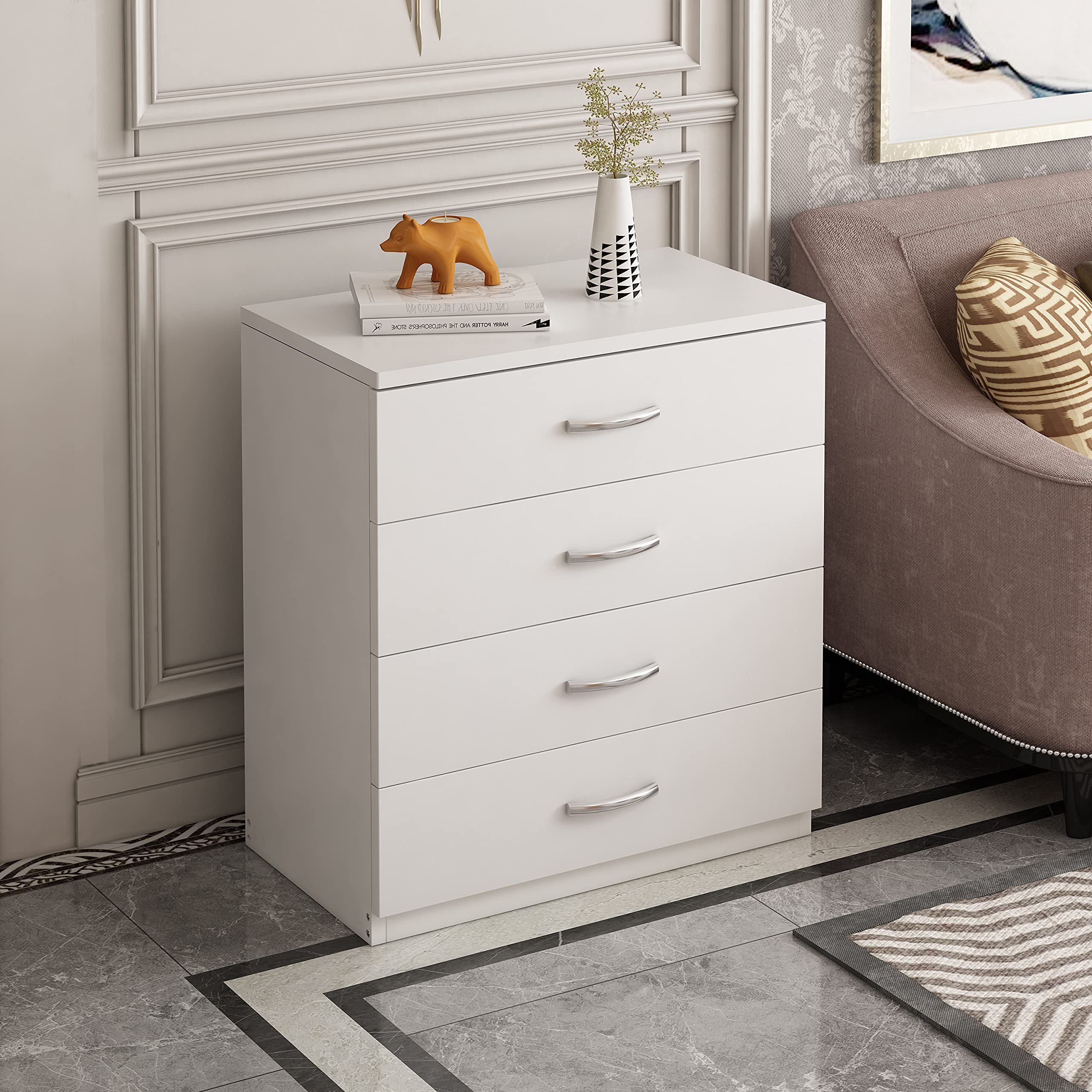 4-Drawer Wooden Dresser Nightstand - White Storage Tower Organizer for Bedroom, Hallway, Entryway & Closet - Perfect for Bedroom Furniture, Living Room Storage & Home Organization
