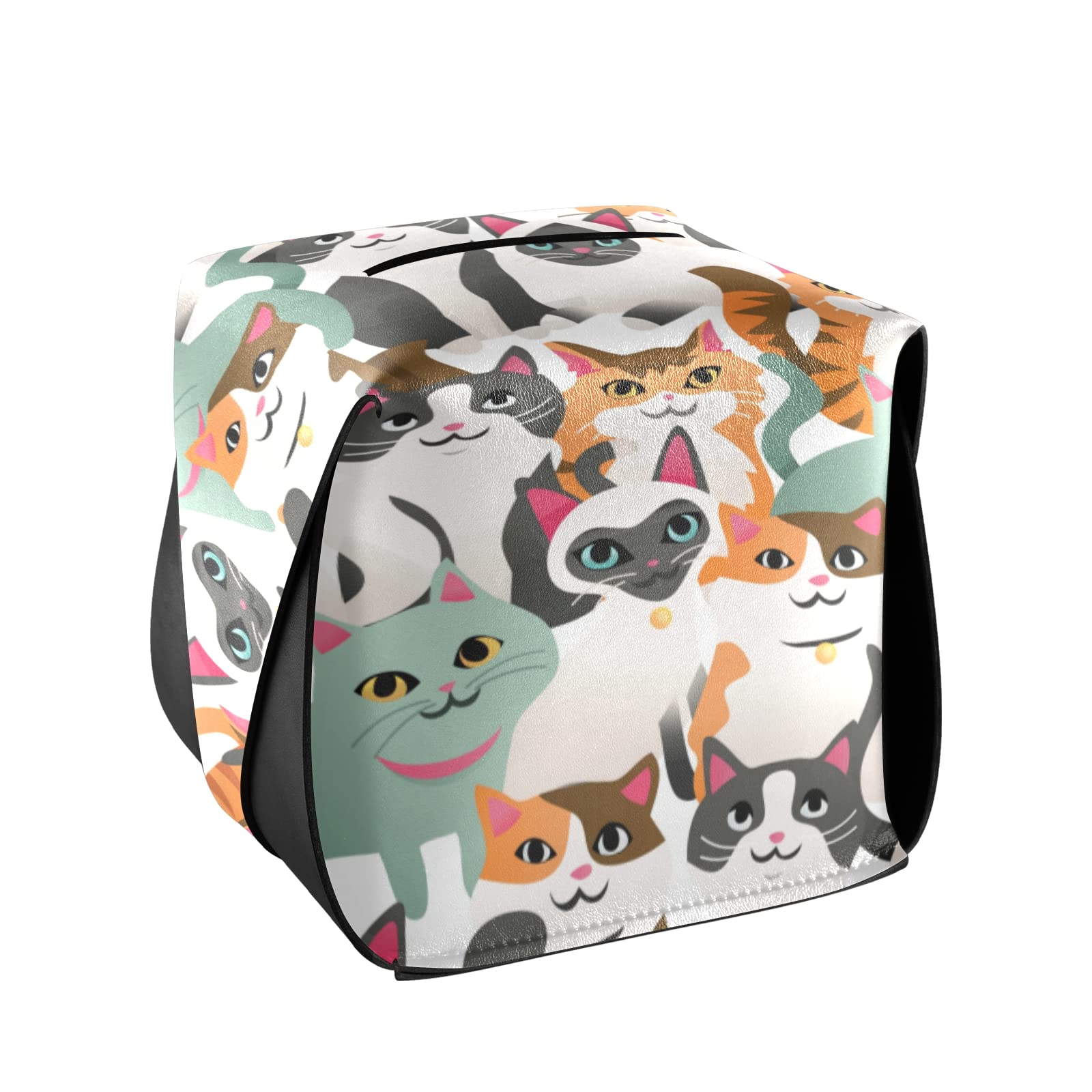 PU Leather Tissue Box Cover for Cats & Kittens - Modern Rectangular Napkin Holder with Handle for Facial Tissues | Perfect for Tabletop, Bathroom, Car & Office Decor