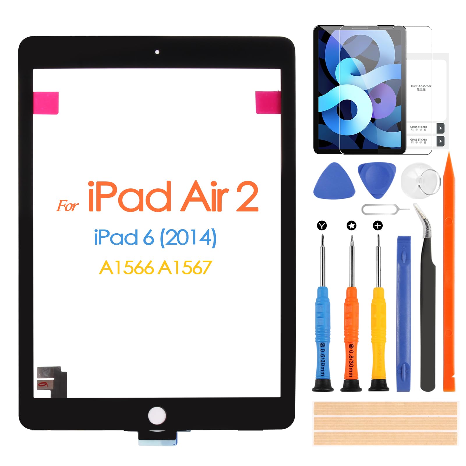 Original iPad Air 2 A1566/A1567 Touch Screen Digitizer Replacement - 9.7 Inch Touchscreen Glass Panel with Repair Tools (Black, No LCD) - Perfect for DIY iPad Air 2 Screen Repair & Device Restoration