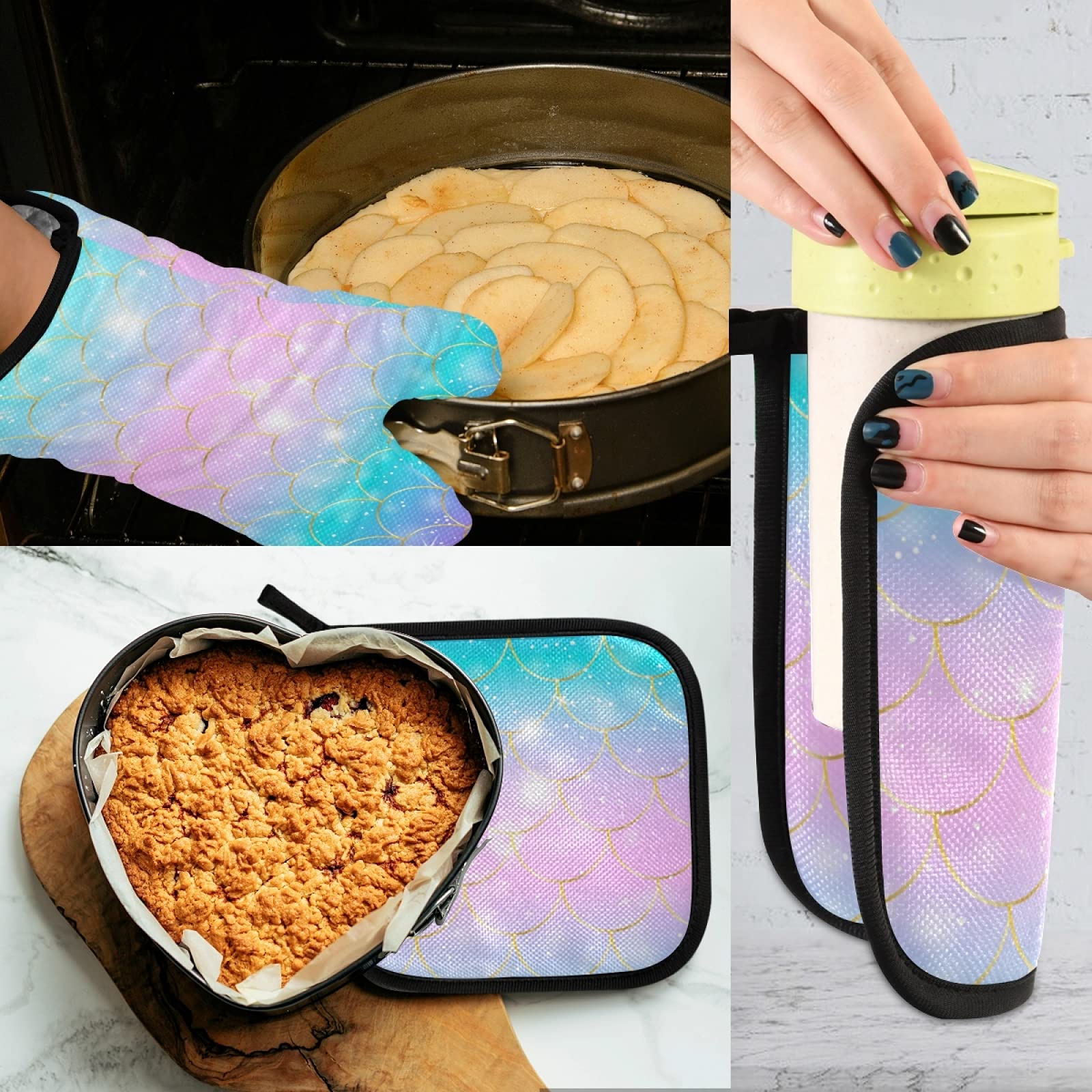 QUGRL Glitter Mermaid Scales Oven Mitts & Pot Holders Set - Heat Resistant Kitchen Gloves for Baking, Cooking & BBQ - Blue, Pink, Purple Hot Pads for Safe Handling of Cookware & Bakeware - Perfect for Holiday Gifts & Home Decor