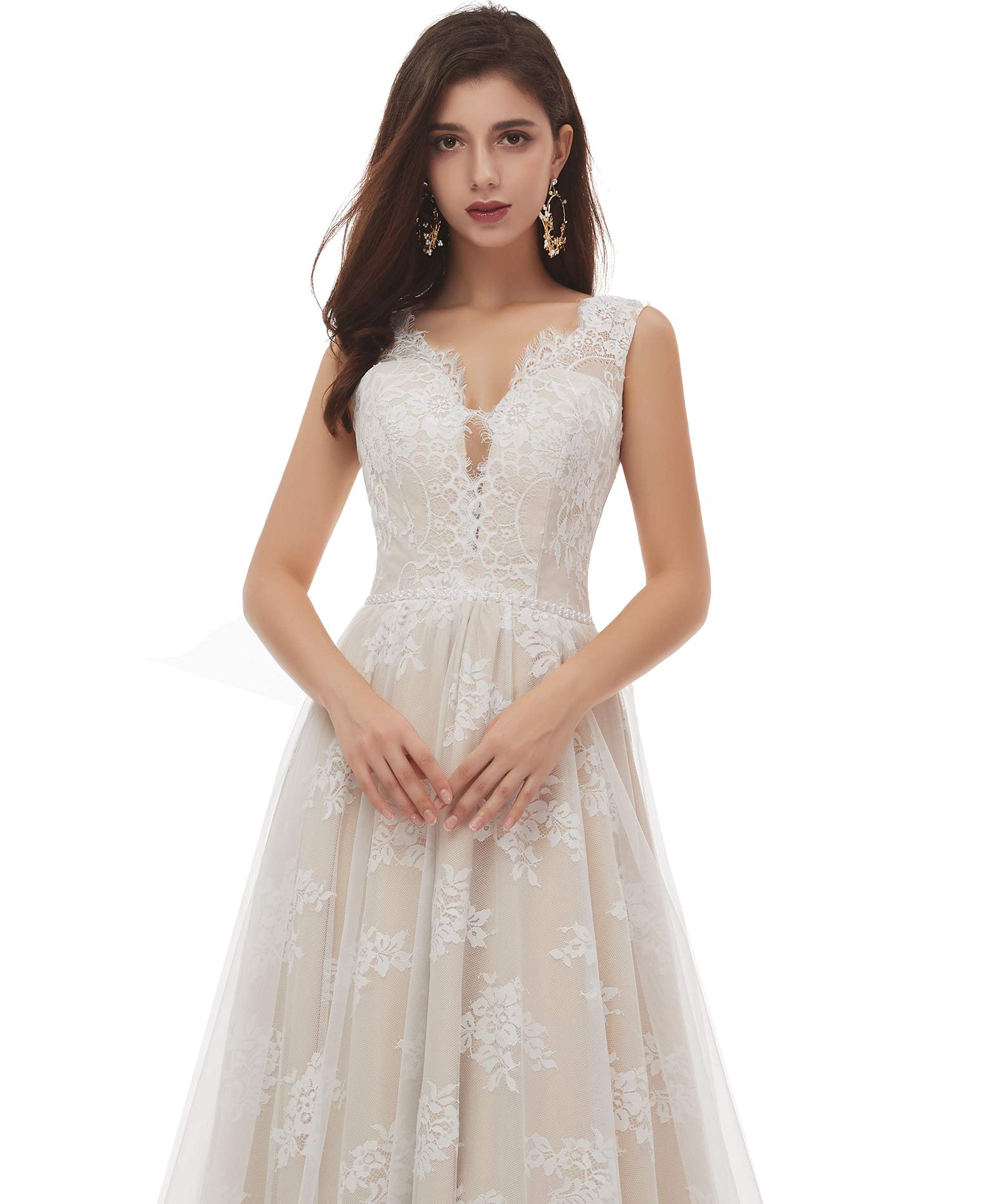 Elegant V-Neck A-Line Lace Tulle Beach Wedding Dress for Women - Perfect for Bridal Ceremonies, Beach Weddings, and Romantic Photoshoots