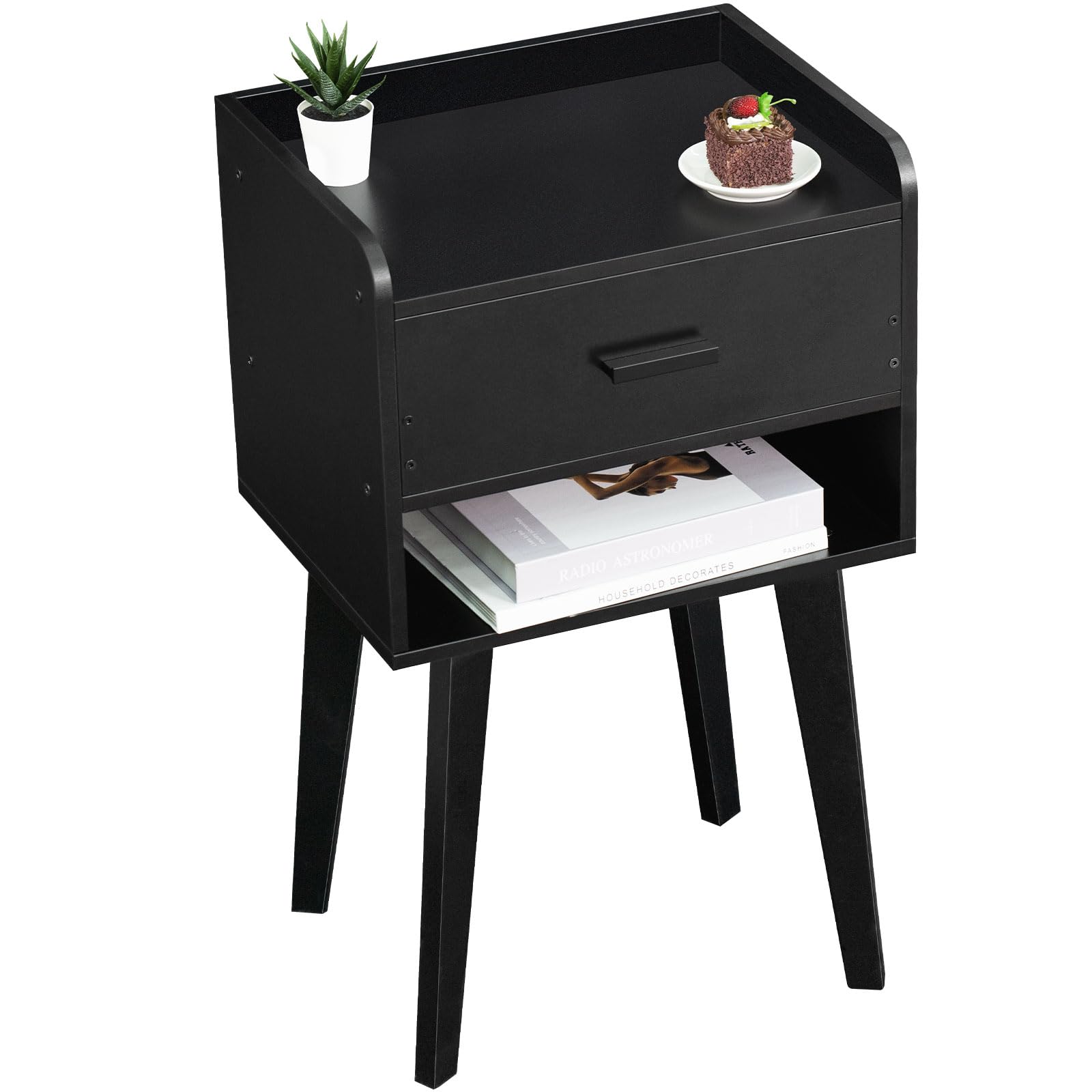 Modern Black Nightstand with Drawer - Wooden Bedside Table for Small Spaces, Storage Side Table - Perfect for Bedroom, Living Room, Dorm & Office (26.38