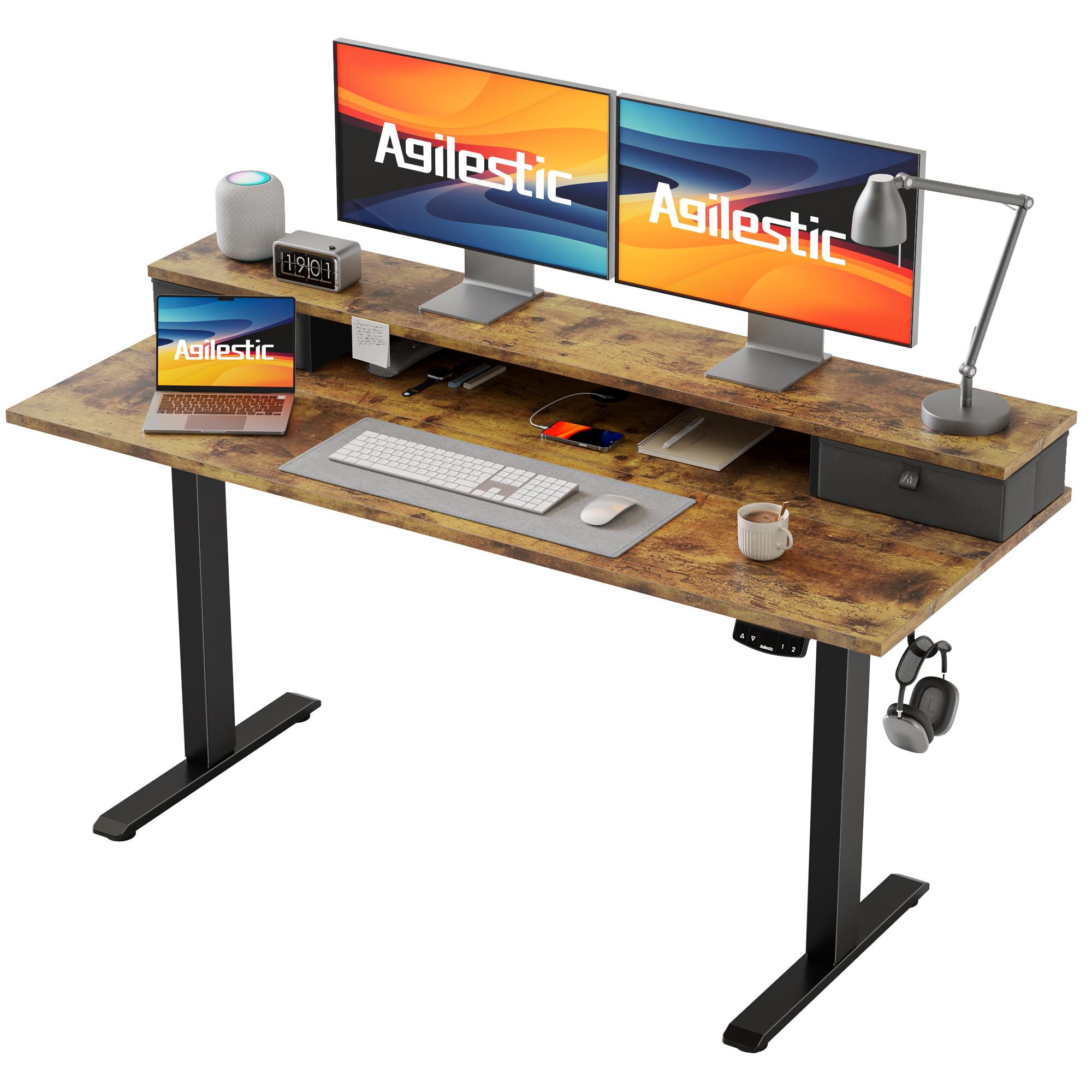 Agilestic 55 x 24 Inches Electric Standing Desk - Adjustable Height, 2 Drawers, Splice Board - Rustic Brown | Perfect for Home Office, Gaming & Workspace Ergonomics