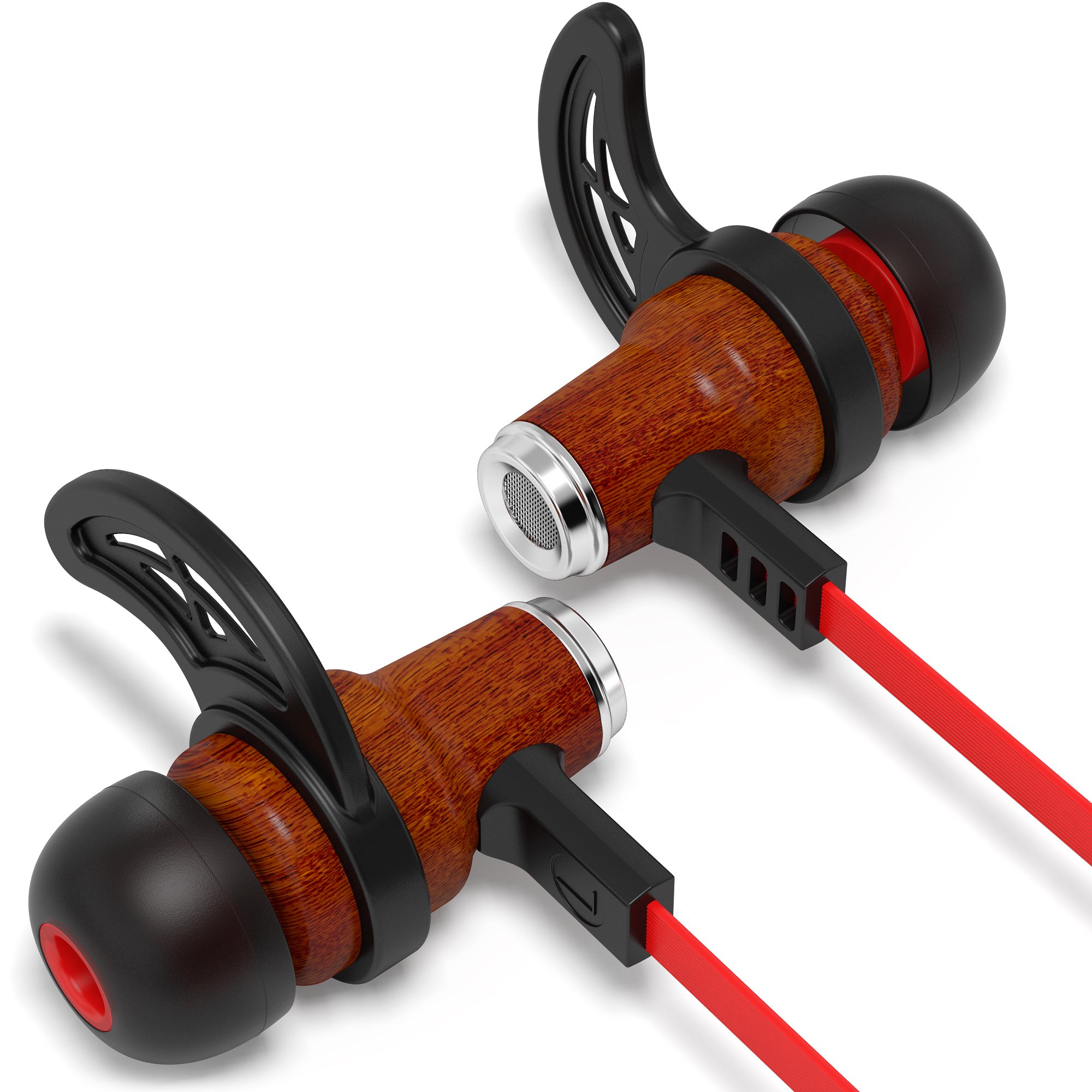 Symphonized NRG Bluetooth Wireless Wooden In-Ear Noise-Isolating Headphones with Mic & Volume Control - Premium Earbuds for Commuting, Workouts & Travel (Red)