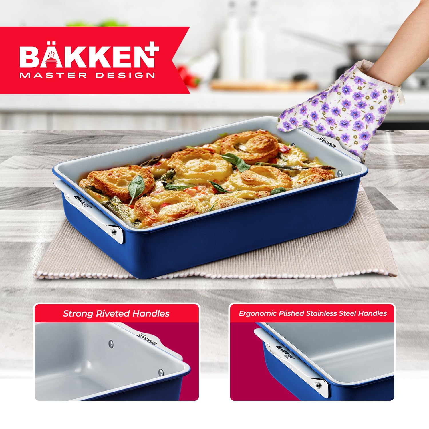 Bakken 8-Piece Non-Toxic Ceramic Bakeware Set - Stackable Oven-Safe Baking Sheets & Pans with Cooling Rack - PTFE/PFOA/PFOS-Free, Ergonomic Handles - Perfect for Cookies, Cakes, Roasting & Healthy Family Meals