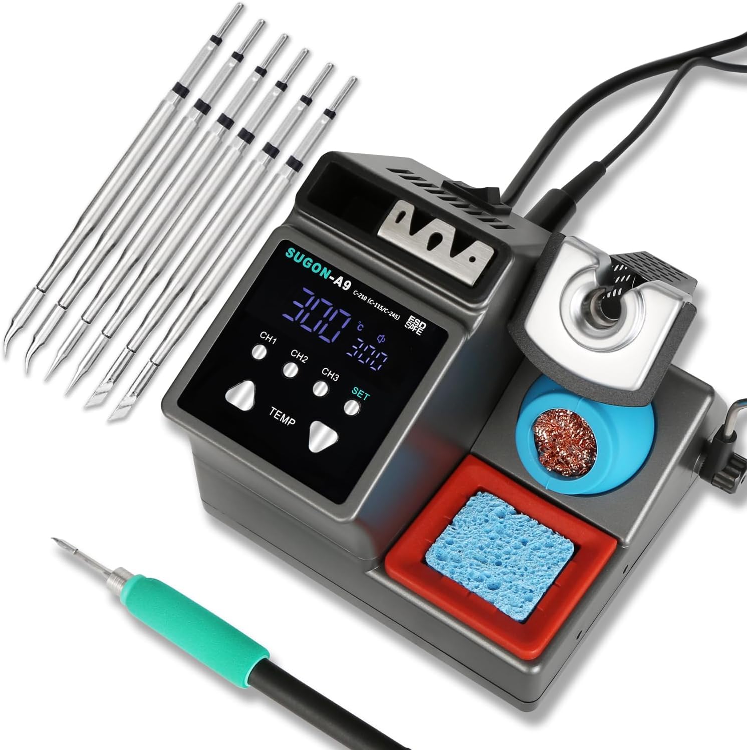 SUGON A9 210 Professional Soldering Station Kit - 120W Fast Heating (716°F in 2 Sec) with 6 Tips & Temperature Control (212-842°F) - Includes Replacement Rack for Electronics Repair, DIY Projects, and PCB Soldering