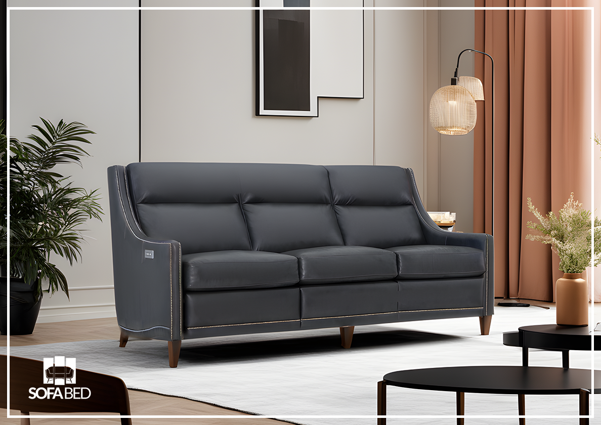 Bernhardt Richmond 3-Seater Black Leather Power Reclining Sofa - Modern Electric Motion Sectional Couch for Living Room, Home Theater & Family Lounge