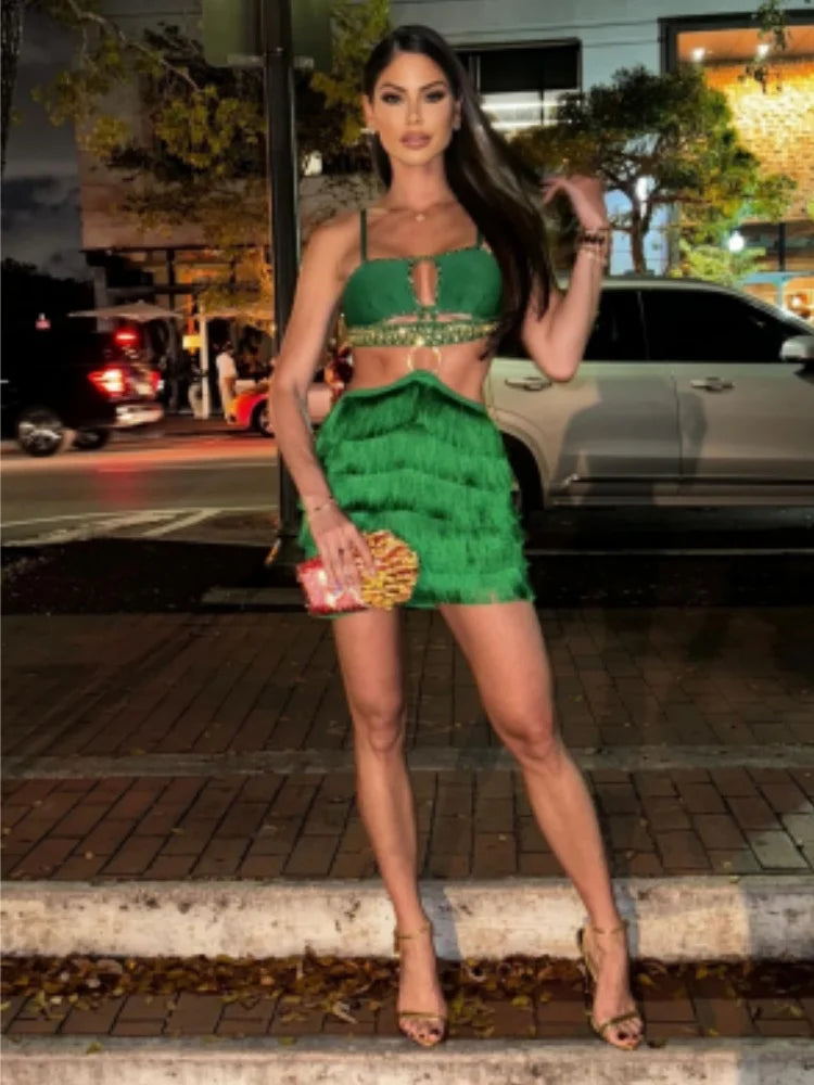2024 Sexy Green Bodycon Mini Dress with Tassels & Shining Crystals - Women's Bandage Club Dress for Nightclub, Party & Celebrations - Perfect for Clubbing, Bachelorette & Special Occasions