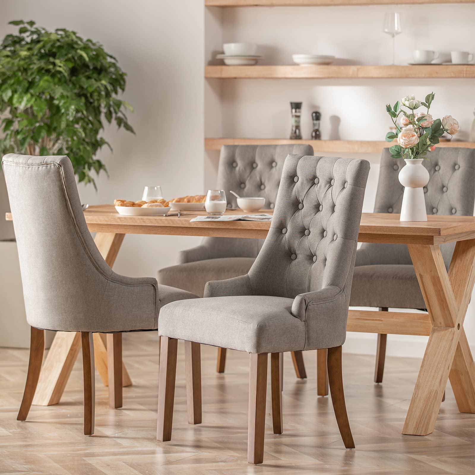 COLAMY Wingback Upholstered Dining Chairs Set of 2 - Tufted Fabric Side Chairs for Dining Room, Living Room & Kitchen - Light Grey Home Decor - Perfect for Family Meals & Entertaining Guests