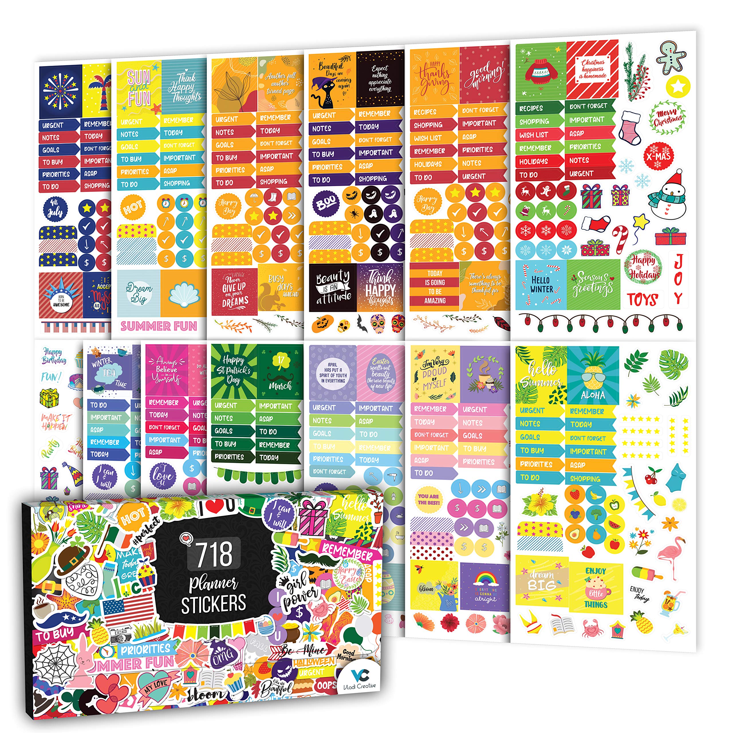 Aesthetic Planner Stickers - 718 Productivity, Seasonal & Holiday Stickers (13 Sheets) - Perfect for Bullet Journals, Calendars, Planners & DIY Scrapbooking - Great for Organizing, Gift Giving & Creative Planning