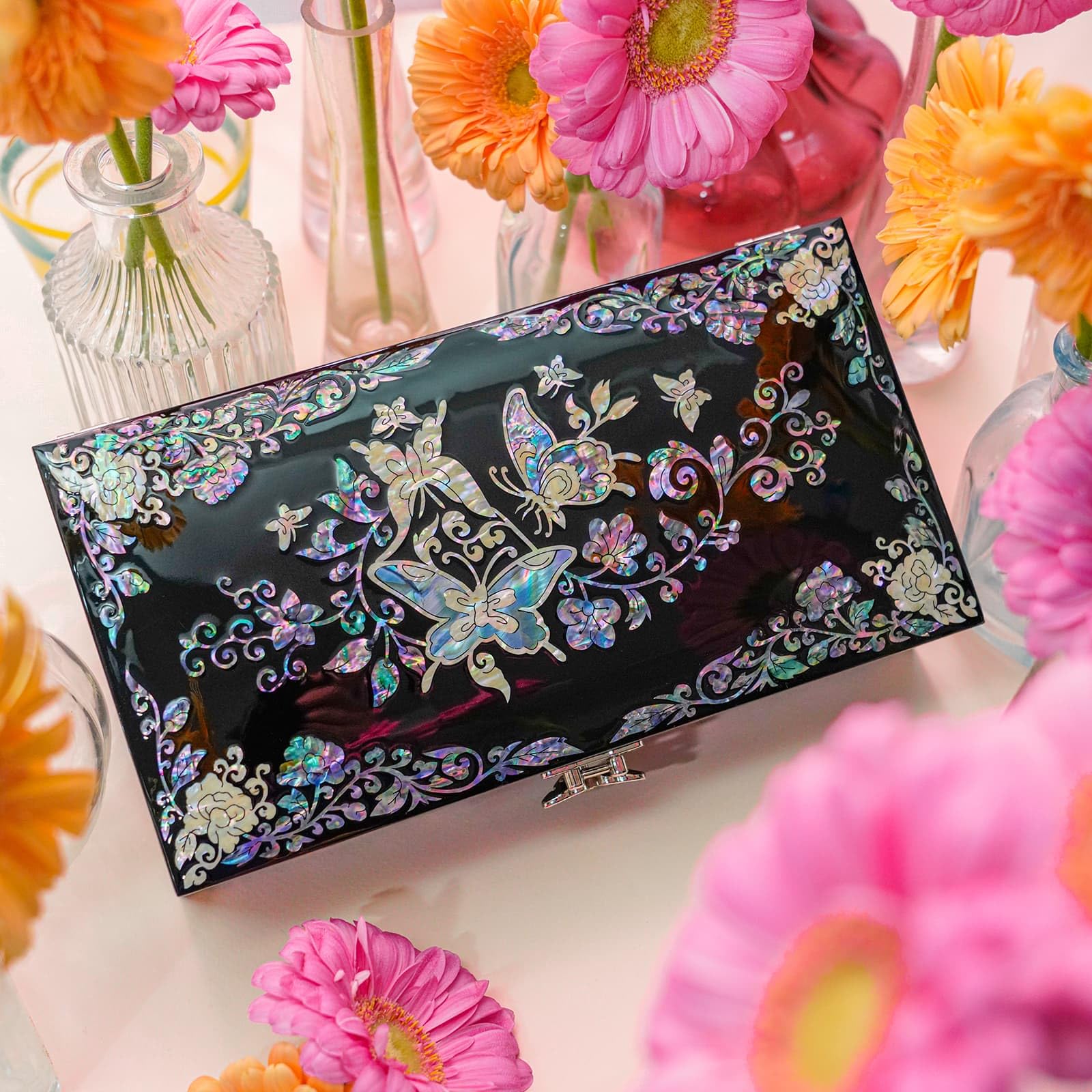 February Mountain Mother of Pearl Jewelry Organizer Box - Handmade Large Wooden Jewelry Storage Case with Butterfly Floral Design, Perfect Romantic Anniversary & Birthday Gift for Women | Jewelry Organization for Dresser, Vanity & Travel