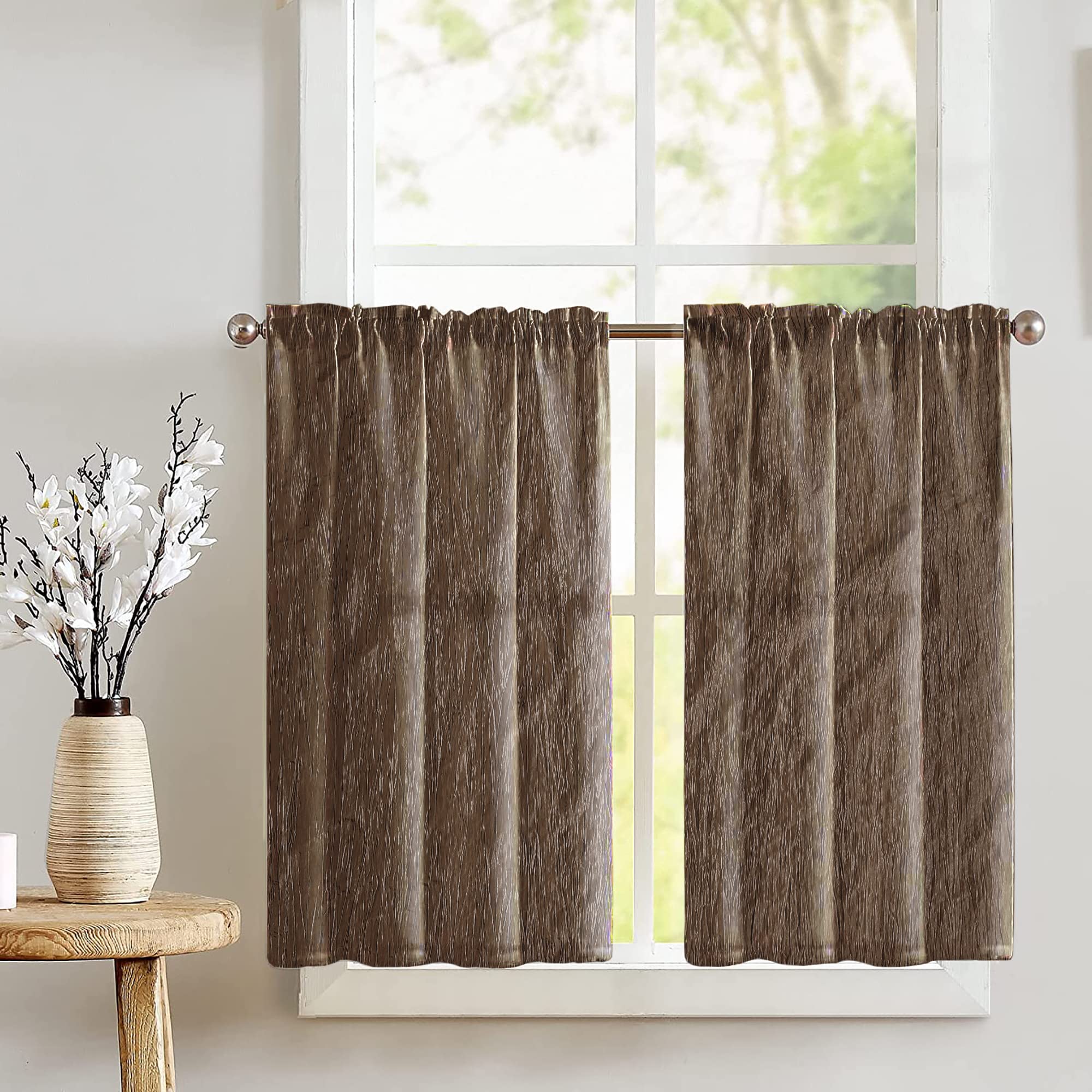 Crushed Crinkle Taffeta Tier Window Valance 2-Piece Set - Elegant Brown Home Decor for Bedroom, Nursery & Kitchen - Perfect for Adding Texture & Style to Any Window