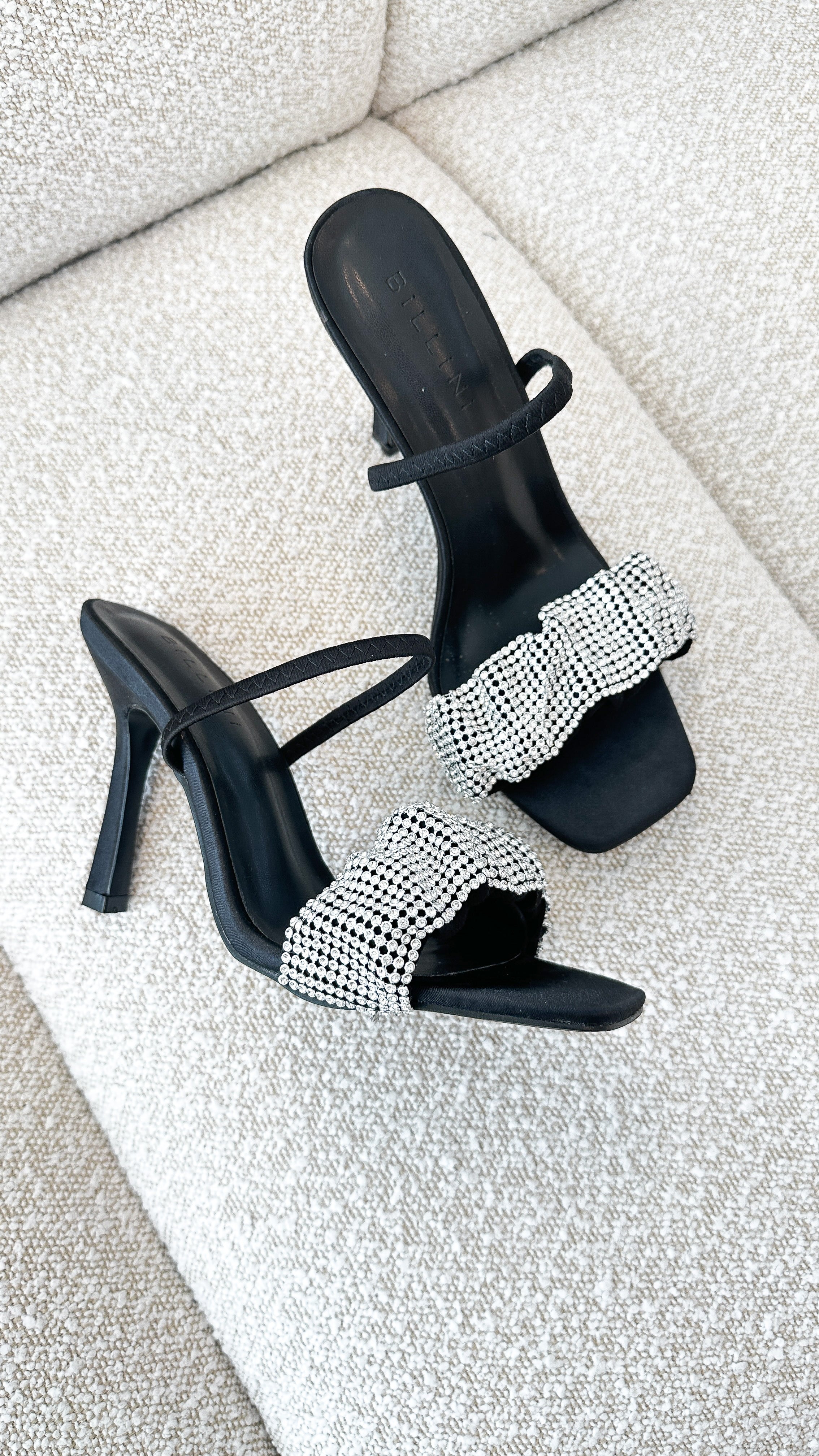 Brandi Black Satin Diamante Heels - Elegant Women's High Heel Shoes for Party, Wedding & Evening Events