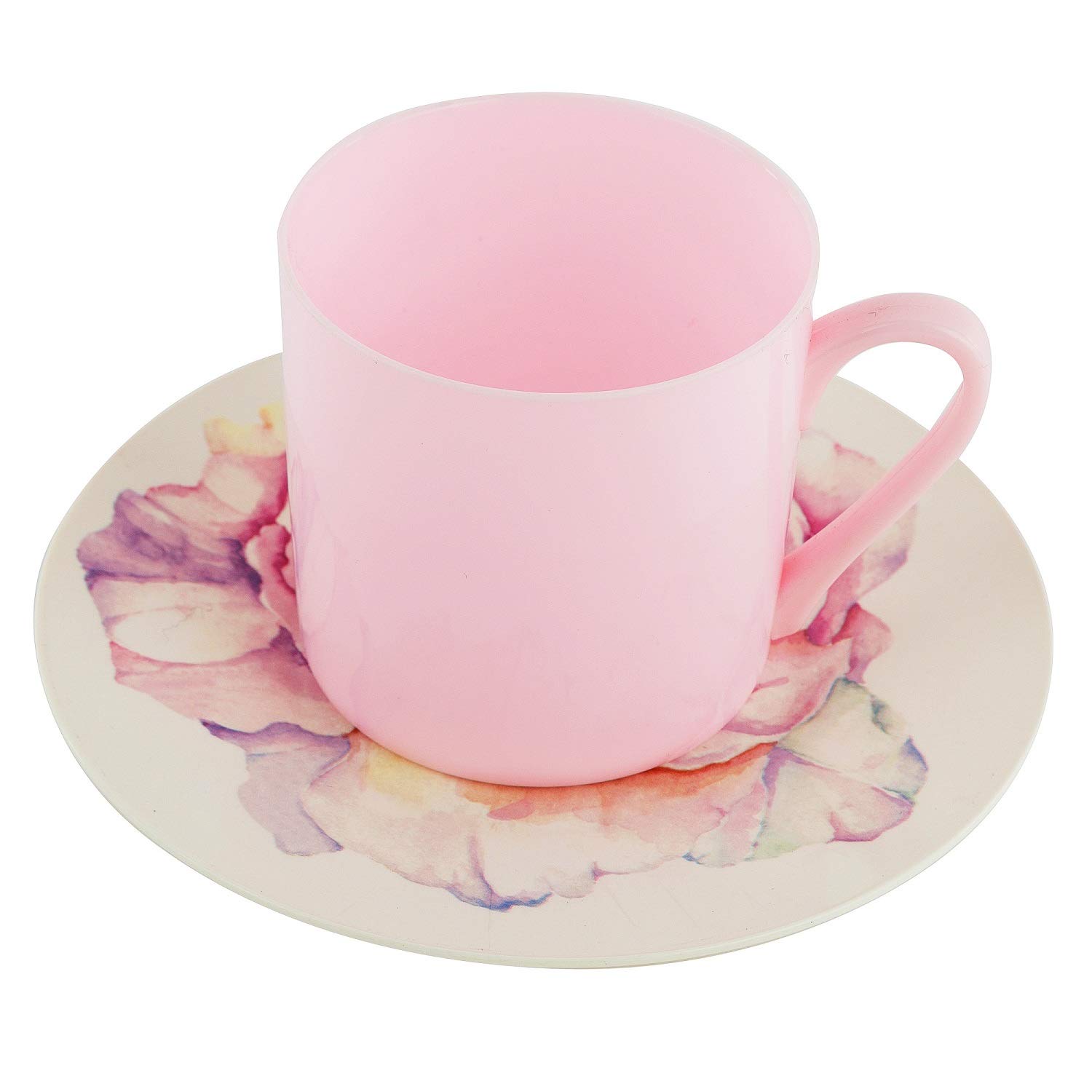 Elegant Pink Floral Disposable Plastic Cups & Saucers Set - 6