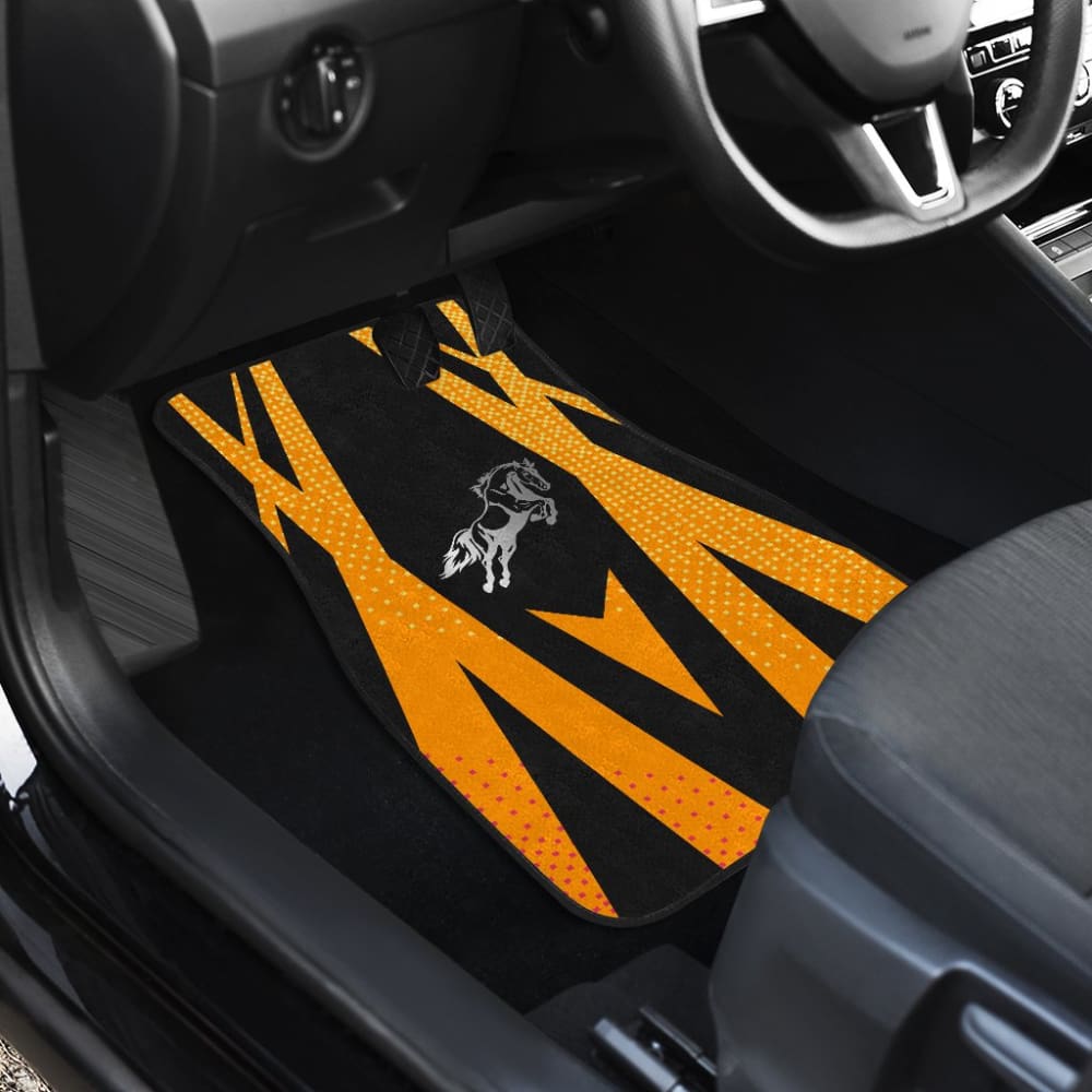 Premium Custom Mustang Horse Printed Car Floor Mats - Black & Orange Metallic Style - Durable All-Weather Protection for Ford Mustang 2015-2023 Models - Perfect for Car Enthusiasts & Gift Ideas