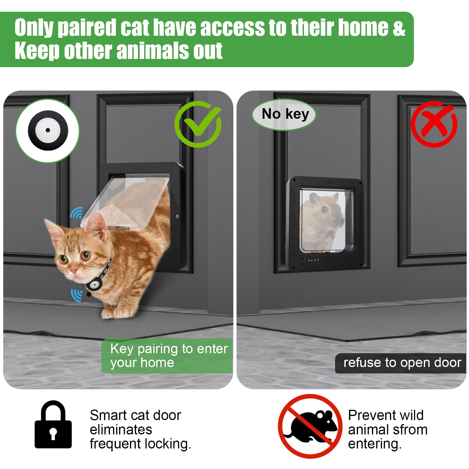 Smart RFID Cat Door for Interior & Exterior - Microchip Activated Pet Door with 2 Collar Sensors, Remote Control & 4-Way Locking System | Automatic Cat Flap for Home Security & Pet Safety (Black) | Perfect for Multi-Cat Households & Smart Home Integration