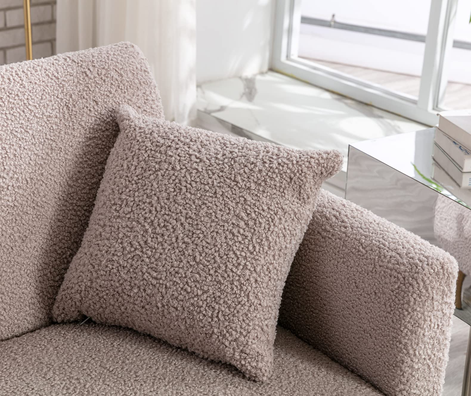 Antetek 3-Position Adjustable Futon Sofa Bed - Modern Upholstered Convertible Loveseat with 5 Metal Tapered Legs & 2 Decorative Pillows, Grey Teddy Fabric - Perfect for Small Spaces, Guest Rooms & Studio Apartments