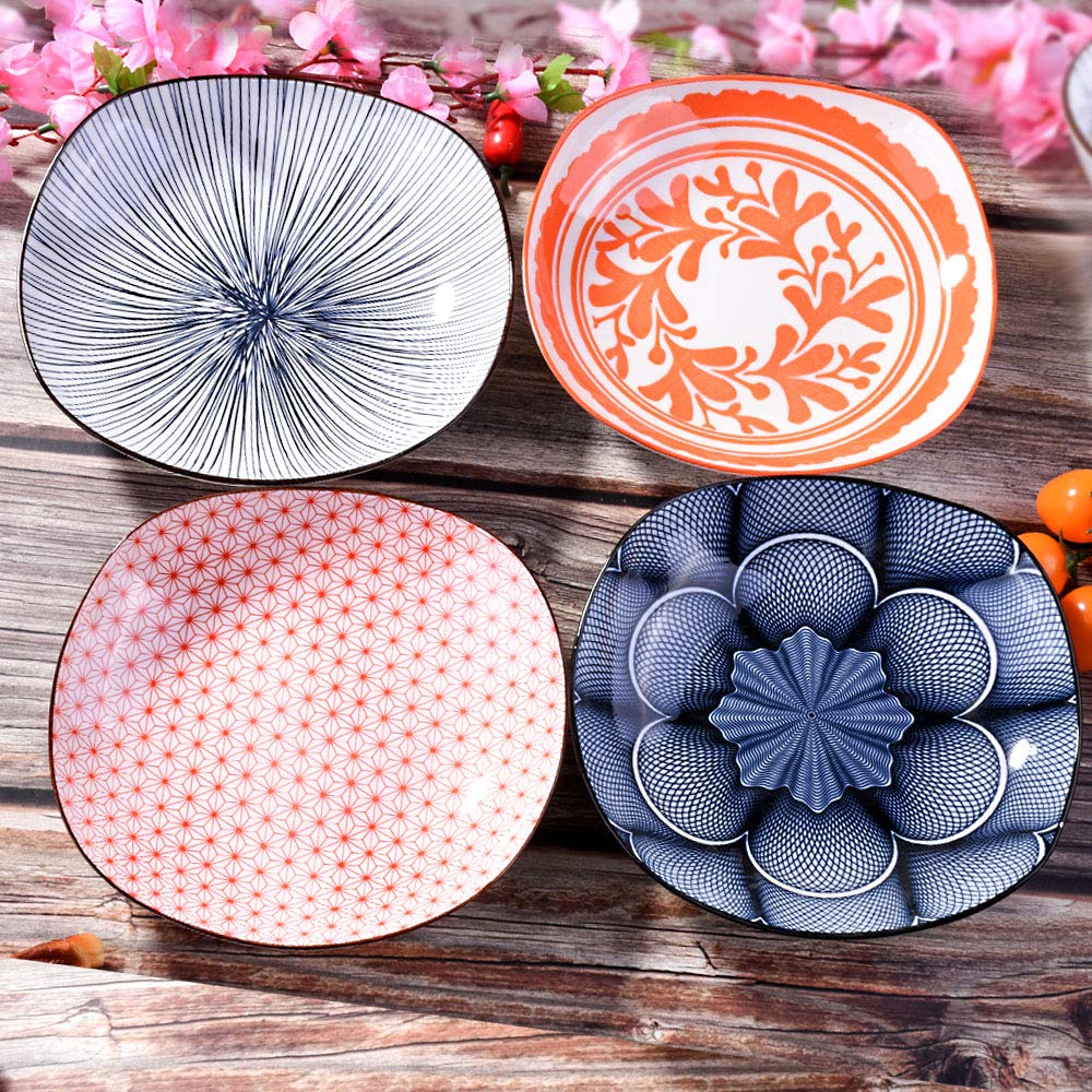 8 Inch Porcelain Dinner Plate Set of 4 - Large Japanese Style Square Ceramic Plates with Red & Black Patterns - Perfect for Appetizers, Sushi, Tapas, and Home Decor