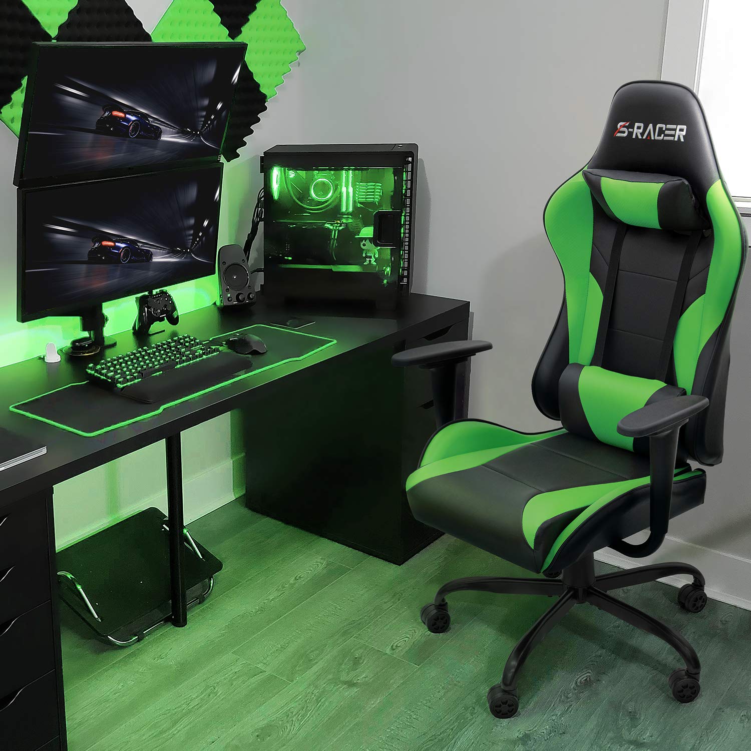 Homall Gaming Office Chair - High Back Ergonomic Computer Desk Chair with Adjustable Height, PU Leather & Headrest - Perfect for Gaming, Work & Home Office (Green)