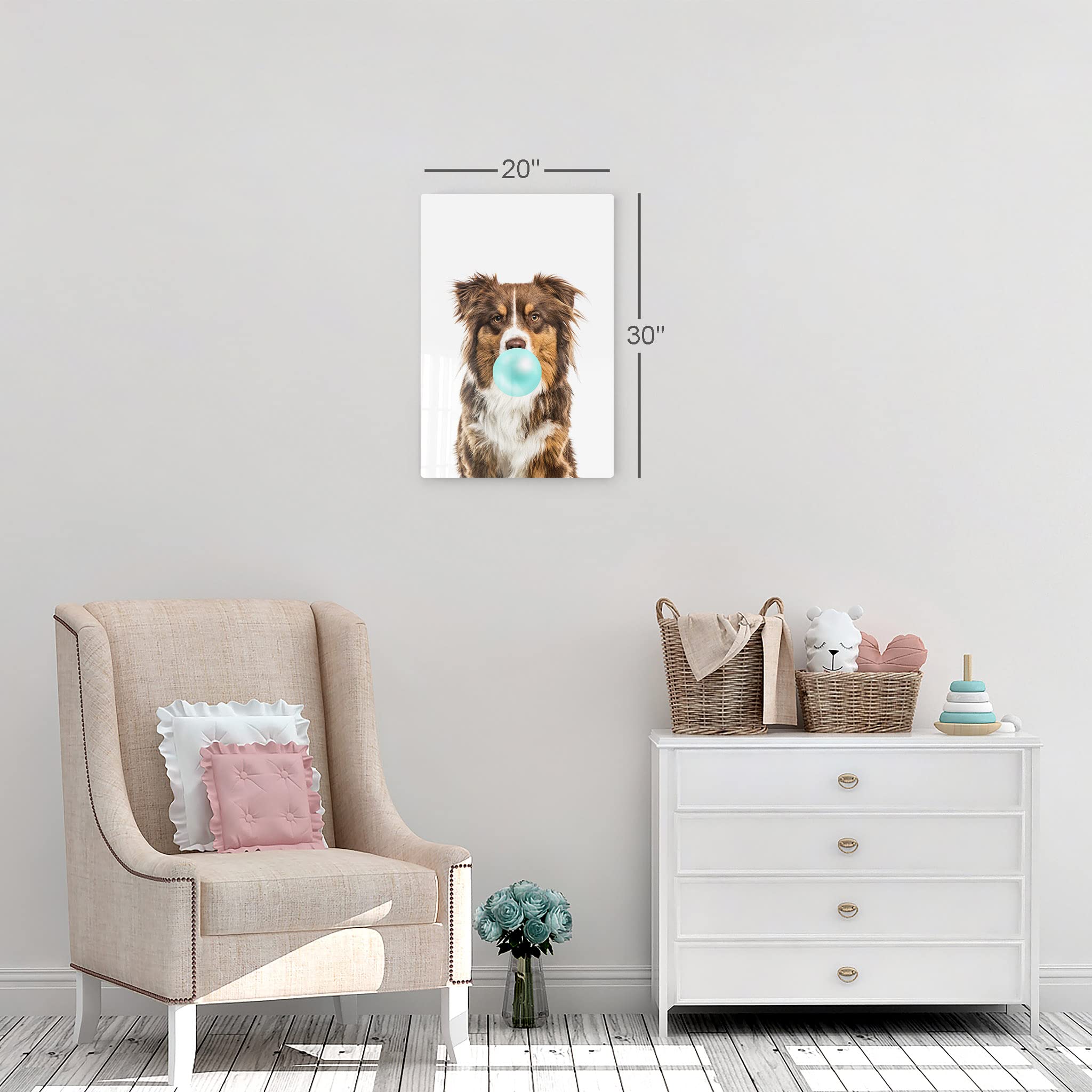 Australian Shepherd Dog Chewing Bubble Gum Metal Wall Art Print - Pet Lover Gift, Pop Art Decor for Living Room, Bedroom, Nursery (24x16) - Perfect for Dog Lovers & Home Decor