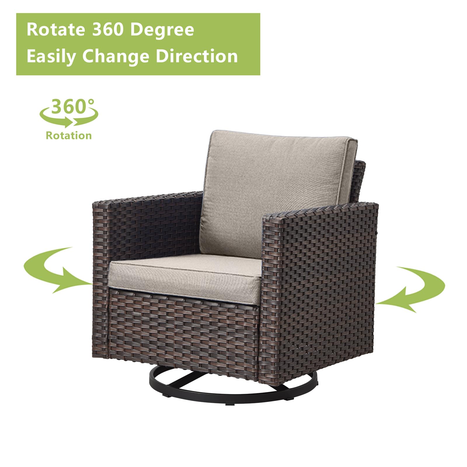 Outdoor Patio Swivel Rocking Chair - Waterproof Wicker, Comfortable Cushions & Sturdy Metal Frame - Single Porch Deck Backyard Rocker (Brown/Grey) - Perfect for Relaxing in Garden, Poolside or Balcony