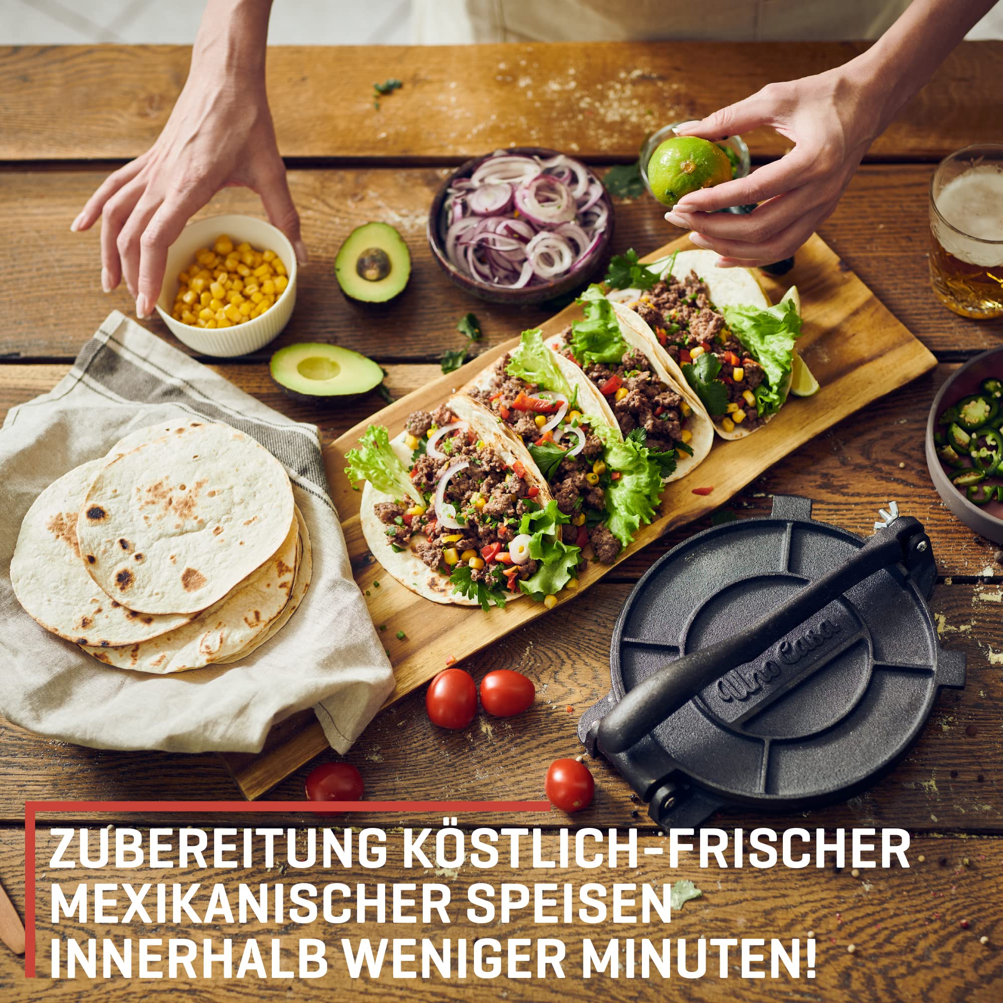 Uno Casa 20cm Cast Iron Tortilla Press - Heavy Duty Taco Press, Roti Maker with Bonus 100 Parchment Papers - Perfect for Making Homemade Tortillas, Tacos, Flatbreads & Rotis