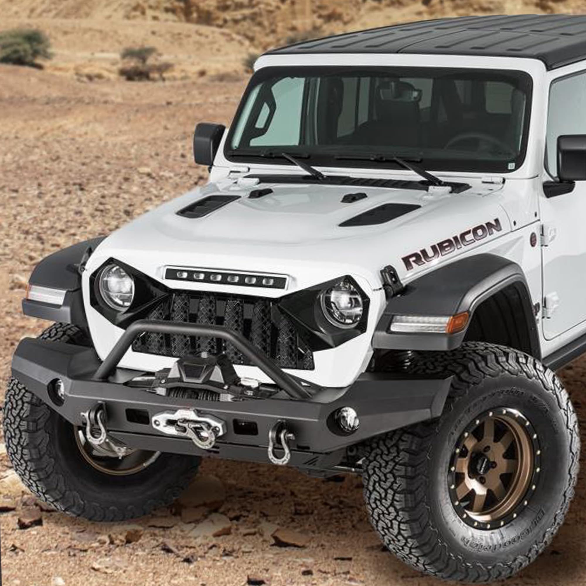 2018-2023 Jeep Wrangler JL & Gladiator JT White & Black Demon Grille with LED Off-Road Lights (Non-Trailcam Version) - Rugged Style Upgrade for Off-Roading & Jeep Enthusiasts