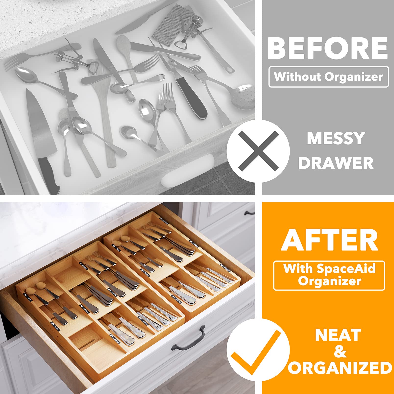 SpaceAid Bamboo Silverware Drawer Organizer with Labels - 9 Slot Kitchen Utensil Tray for Flatware, Cutlery, Spoons & Knives - Perfect for Drawer Storage Organization & Kitchen Countertop Decluttering