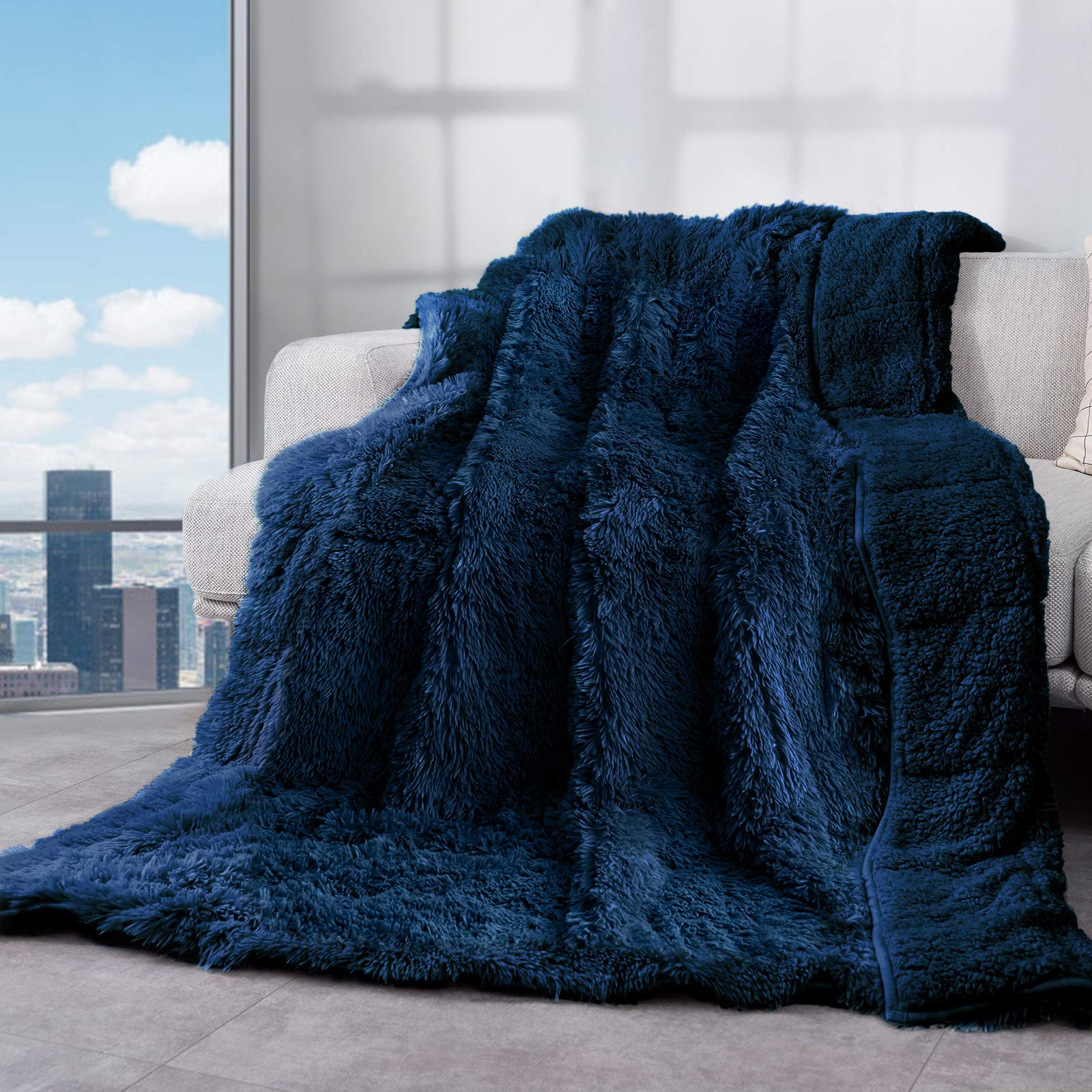 15lbs Weighted Blanket for Adults - Soft Plush Flannel Faux Fur Blanket 48x72 inches - Heavy Luxury Fur Throw Blanket Twin Size Navy Blue - Perfect for Stress Relief, Anxiety & Better Sleep