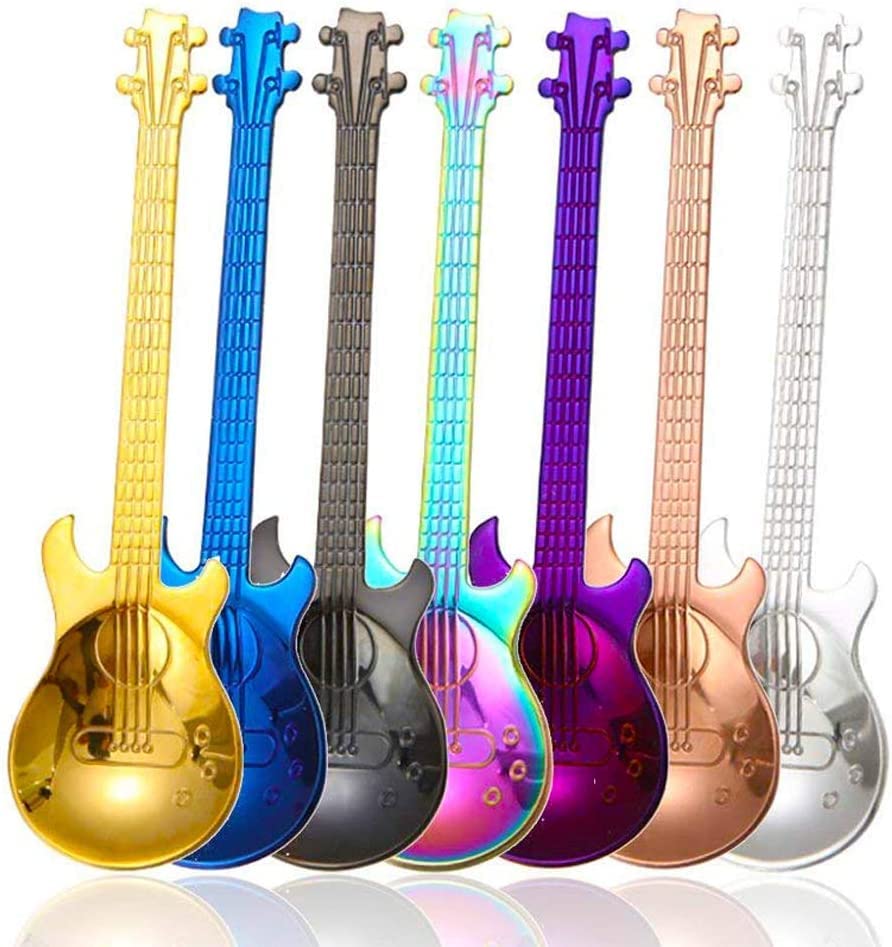 7-Piece Colorful Stainless Steel Guitar-Shaped Coffee Spoons Set - Perfect for Tea, Dessert, Jam, Ice Cream & Drink Mixing - Ideal for Music Lovers & Coffee Enthusiasts (Home, Cafe, Party Use)