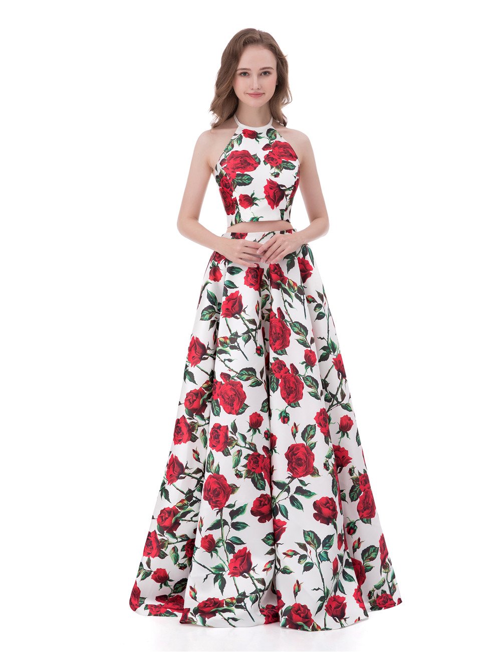 Elegant Women's Two-Piece Halter Floral Print Prom Dress with Pockets - Formal Evening Gown for Homecoming, Wedding Guest & Special Occasions