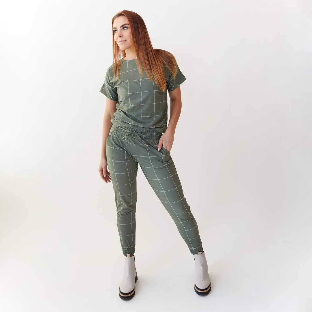 Destination Joggers for Women - Sage Windowpane Pattern Comfortable Lounge Pants - Perfect for Yoga, Running & Casual Wear