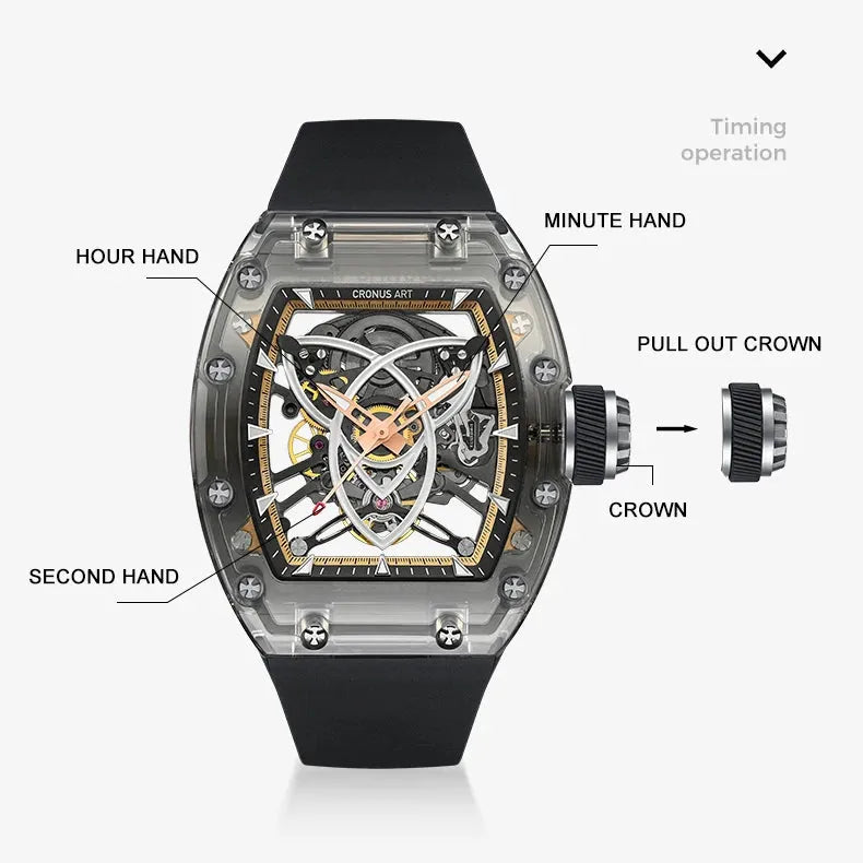 CRONUSART Men's Automatic Skeleton Watch - 50x42mm Tonneau Mechanical Wristwatch with Luminous Dial, Acrylic Case & Fluororubber Strap - Perfect for Business, Casual Wear & Special Occasions